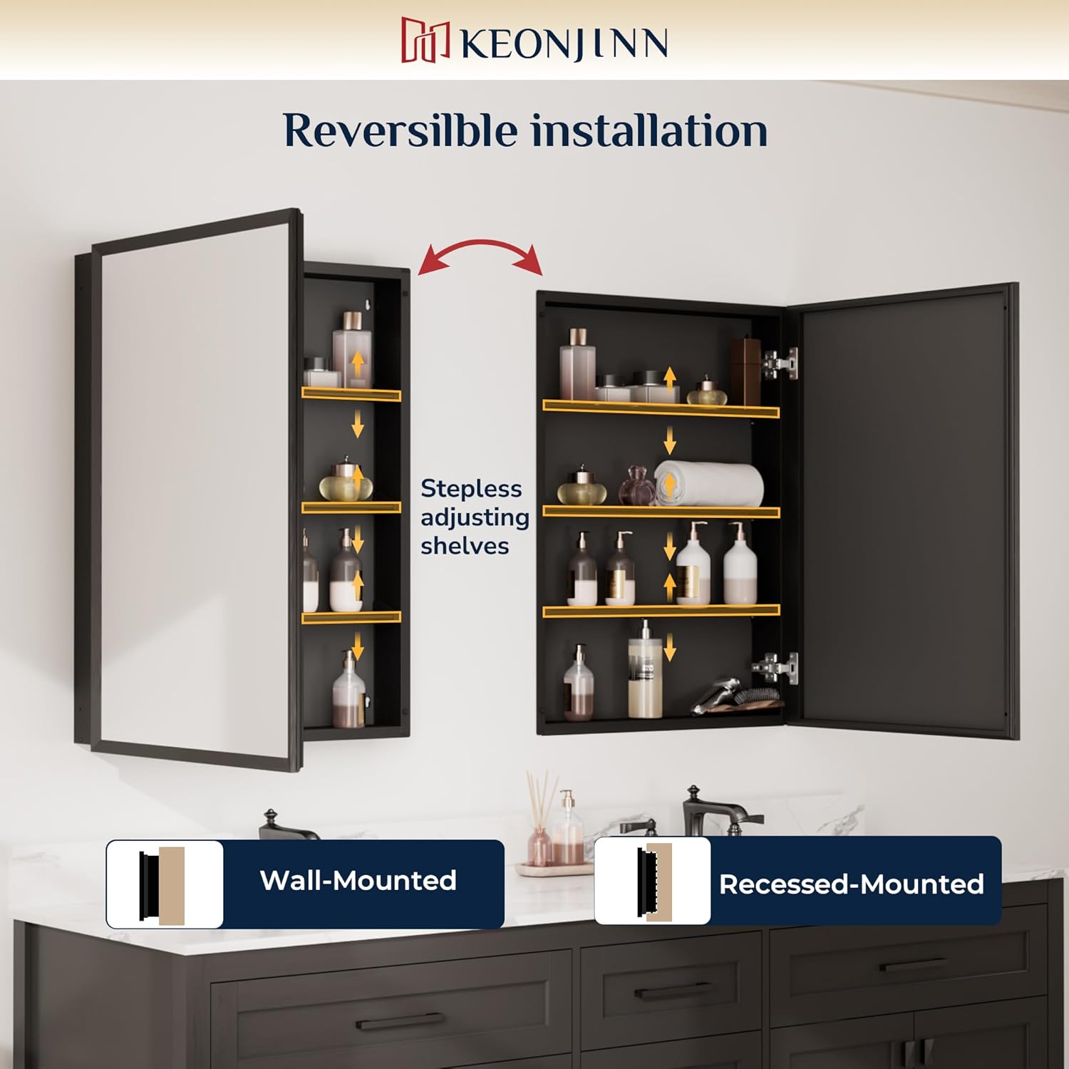 Keonjinn Small Medicine Cabinet Mirror 14" x 18", Assembly Needed, Black Bathroom Medicine Cabinet with Mirror, Beveled Framed, Stepless Adjustable Shelf, One Shelf Only, Wall-Mounted or Recessed