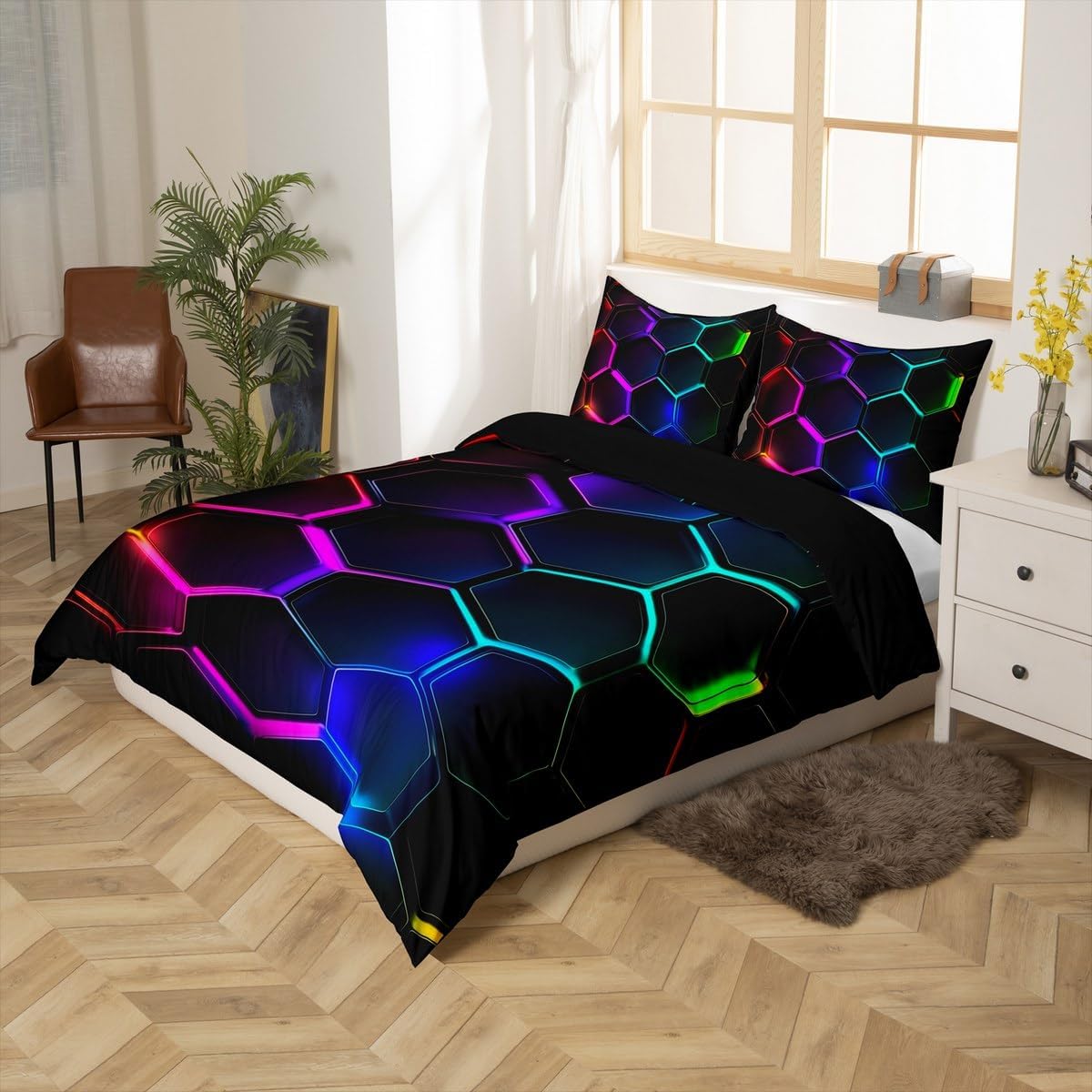jejeloiu Kids Colorful Honeycomb Comforter Cover Toddler Size, Neon Hexagonal Duvet Cover Boys Girls Geometrical Bedding Set for Teens Bedroom Decor Soft Quilt Cover 2Pcs (No Comforter)