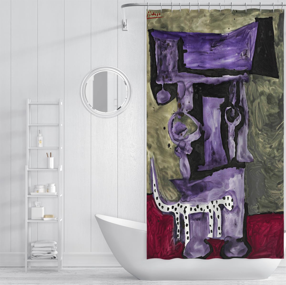 Retro-Ästhetik Duschvorhang Abstrakte Hundeduschvorhänge Berühmte Gemäldedrucke Badevorhang Wasserdichter Stoff Badezimmerdekoration 200 x 240 cm