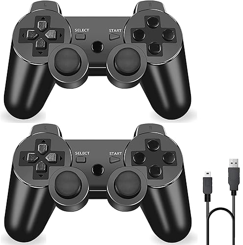 ＲＵＥＩＵＲＩ P-S3 Controller 2 Pack PS-3 Wireless controller Playstation 3 Controller Wireless Bluetooth Gamepad with USB Charger Cable for PS-3 ((Black+Black)) - (Black+Black)