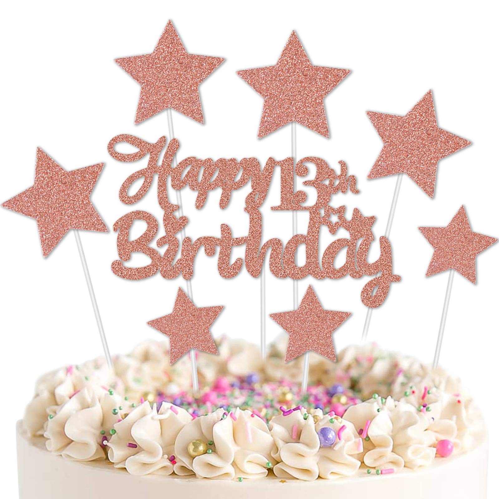 Buy VAINECHAY Happy Birthday Cake Topper Decorations Glitter Rosegold Star Cupcake Toppers for