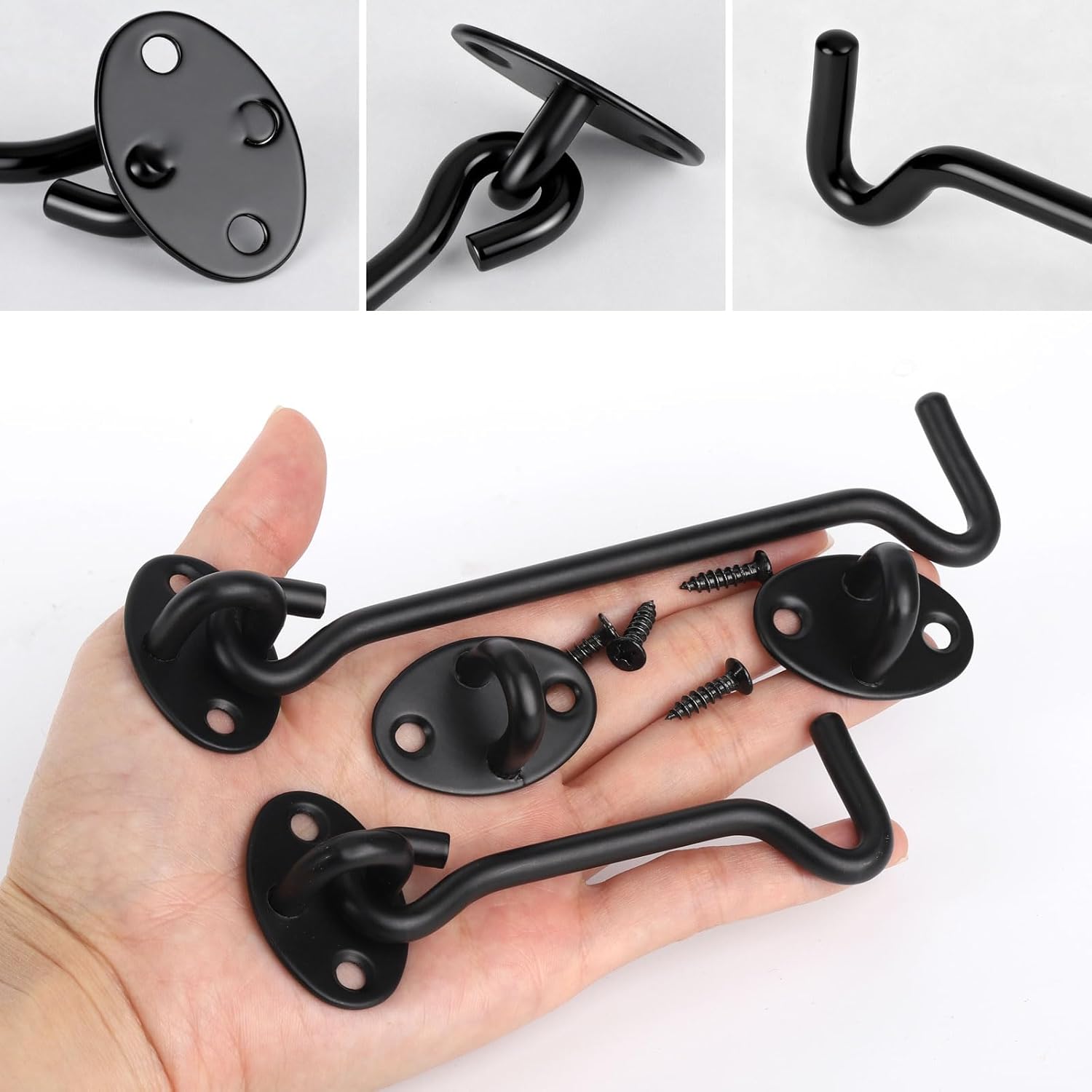 4 Pcs Door Lock Latches with 16 Pcs Screws, 4 Inch and 6 Inch Hook and Eye Gate Latch for Barn Door, Wood Fence, Window, Cabin Hooks