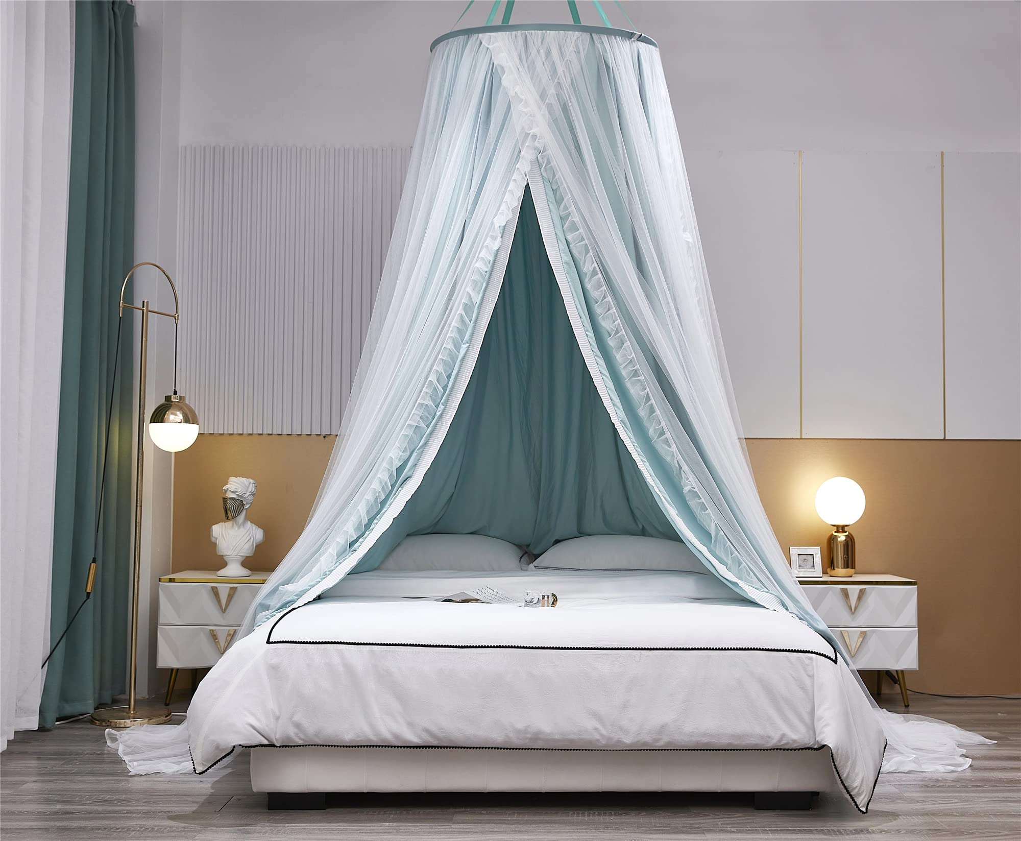 Baldacchino a Cupola Tonda a Doppio Strato per Principessa Tenda da Letto per Ragazze e Zanzariera da Sogno Decorazione Carina per Camera da Letto Castello da Gioco Angolo Lettura(Verde/Bianco)