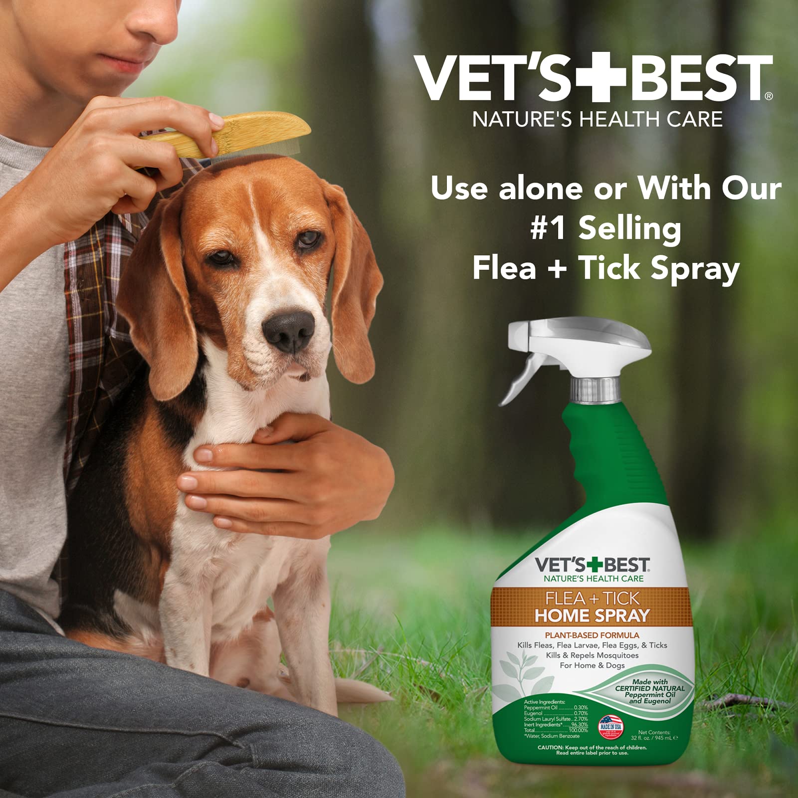 Vet's Best Peigne anti-puces | Bambou véritable avec poignée ergonomique | pour chiens et chats, marron