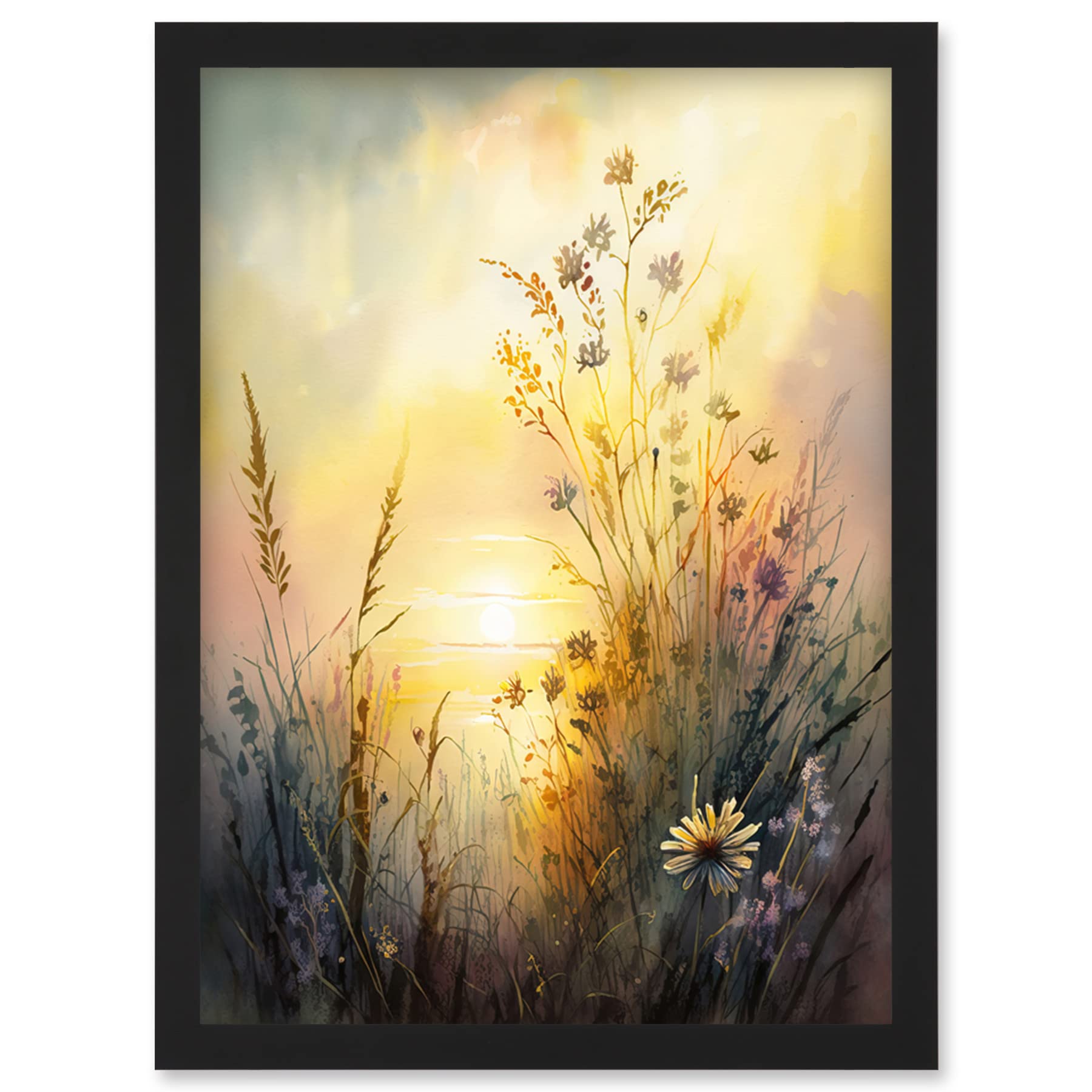 Artery8 Wildflower by Lakeside on a Misty Morning Sunrise Modern Watercolour Painting Artwork Framed Wall Art Print A4