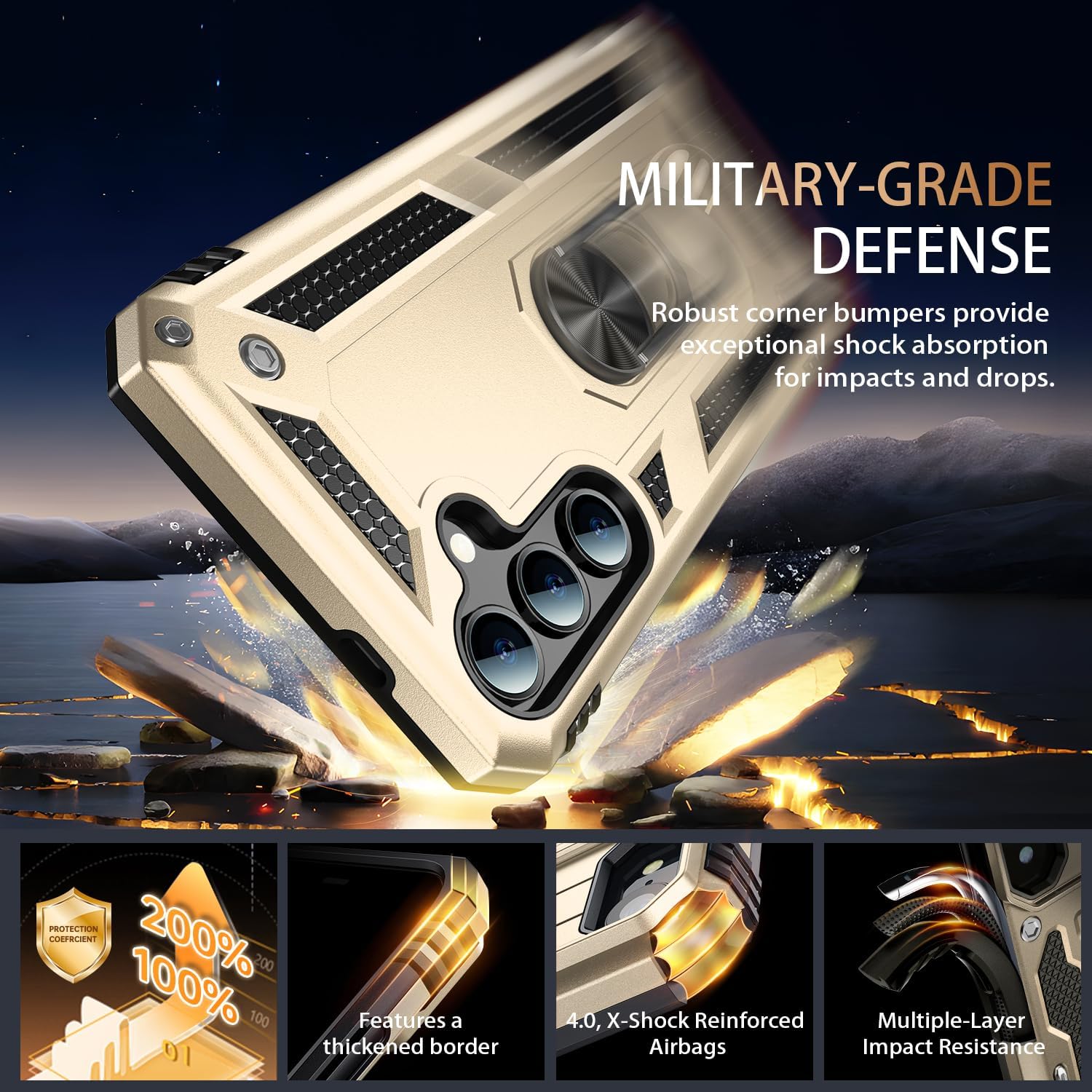Condition photo showing New/Like New for ikazz for galaxy s25 case,military grade shockproof heavy duty protective phone cover pass 16ft drop test with magnetic kickstand car mount holder gold galaxy s25 (small 6.2") gold
