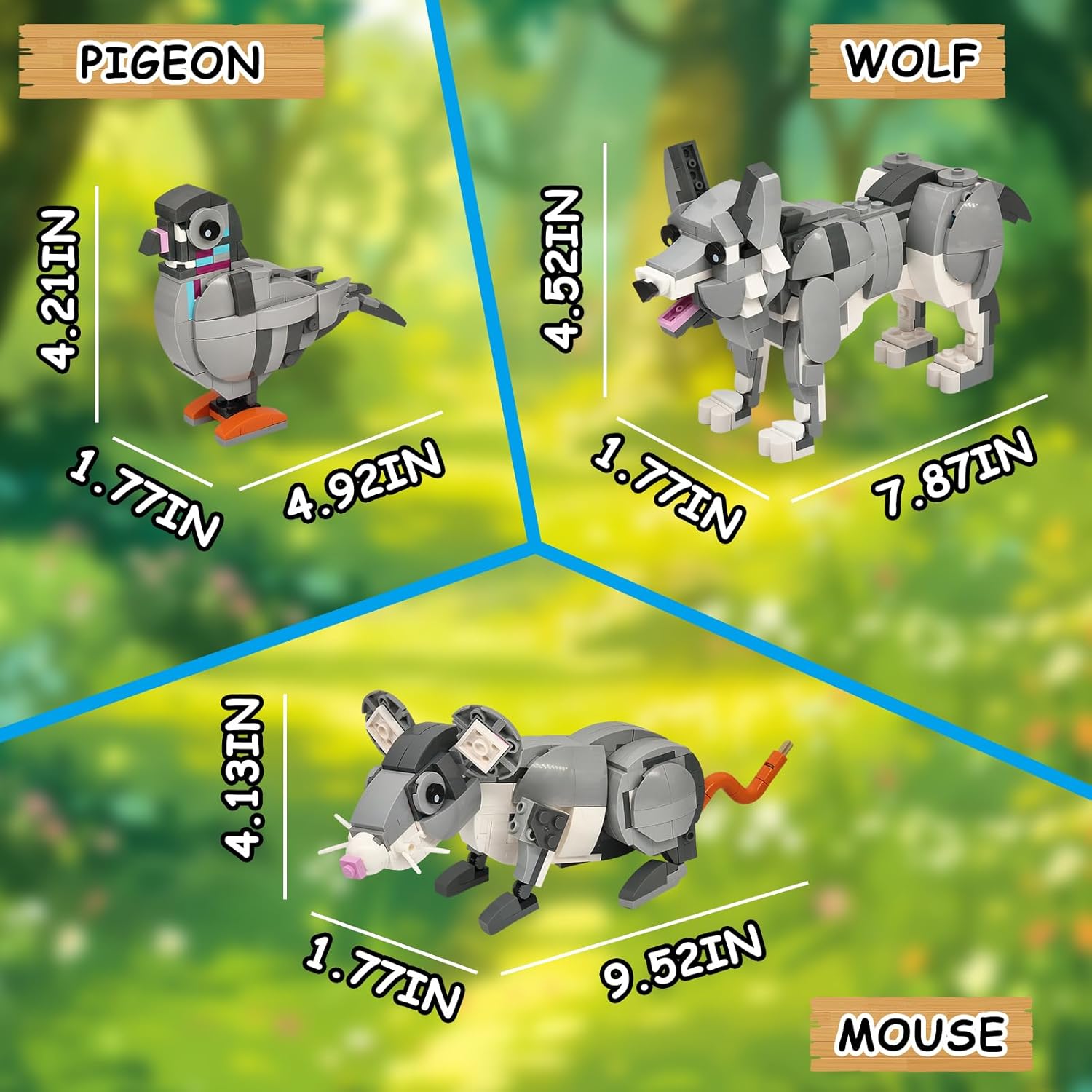 3 in 1 Animal Building Set, Compatible with Lego 630 Accessory, Pigeon, Wolf & Mouse, Build 3 Animal in 1 Set, Gift for Birthday, 328Pcs