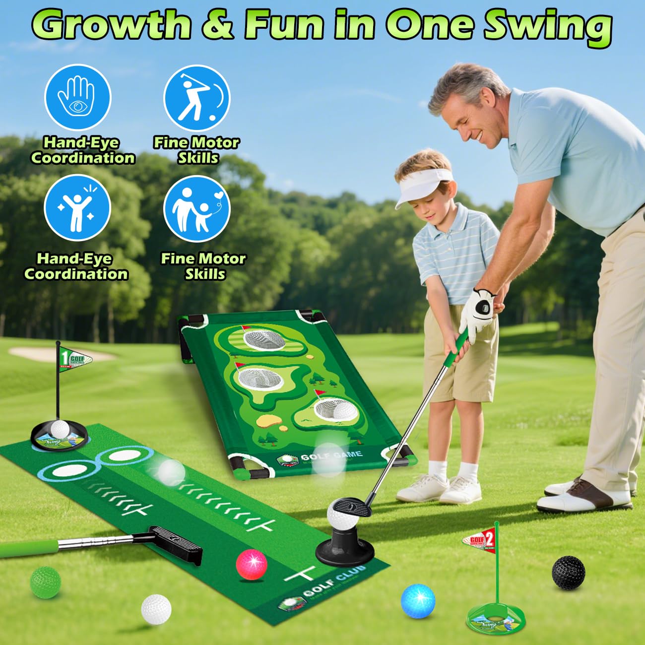 TERRAMUS Set de Golf 3 en 1 pour Enfants avec Retourneur Automatique de Balles,Cornhole Board, Balles Lumineuses LED,Tapis de Putting,Mini Golf 3-8 Ans,Jouet de Golf Indoor,Cadeau pour Garçons Filles