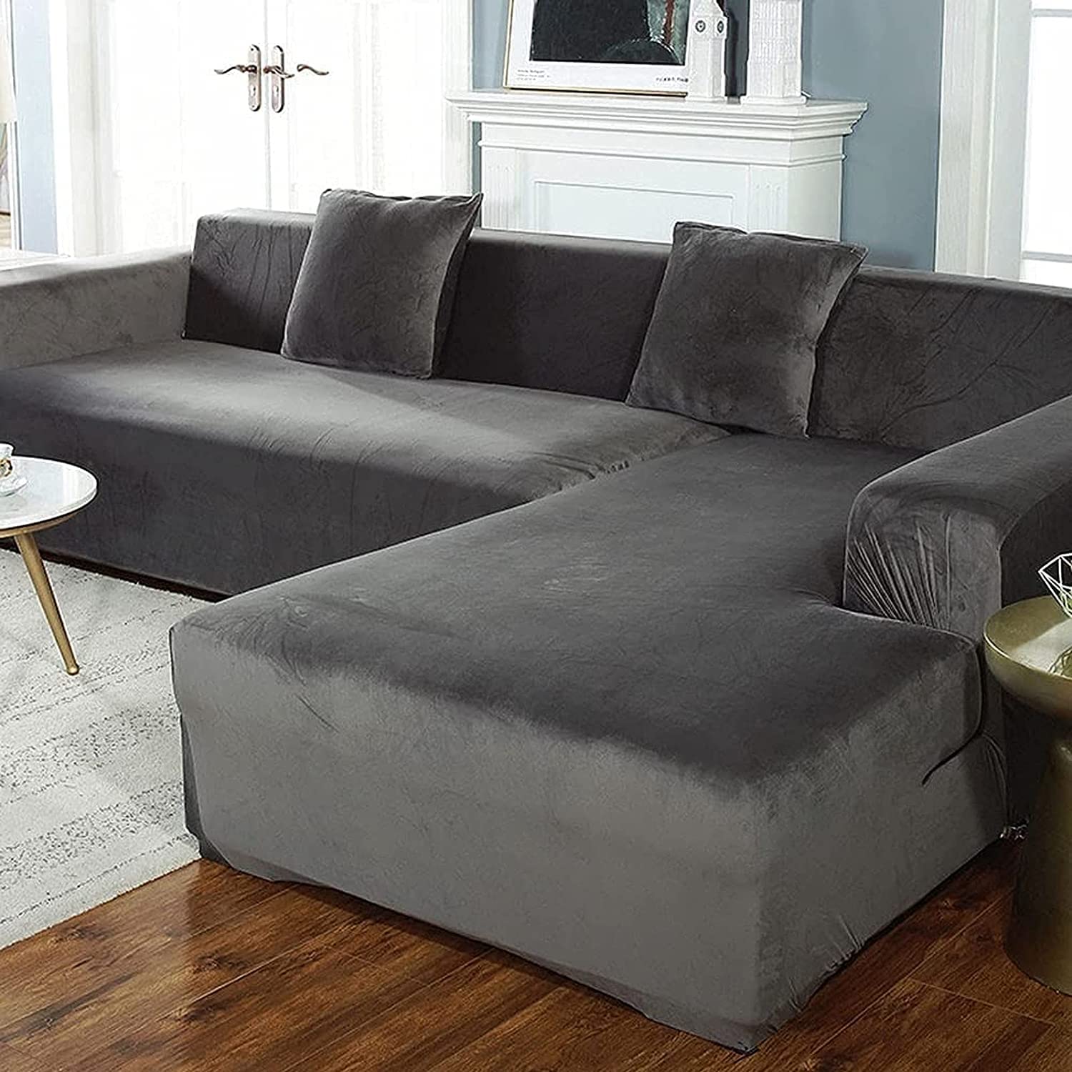 MGEMJMJ Stretch Velvet Thick Armchair Slipcovers,1 Piece Solid Color Sofa Slipcover Sofa Protector For Couch Sectional Sofa(Size:4-Seat(235-300cm)),Color:Grey
