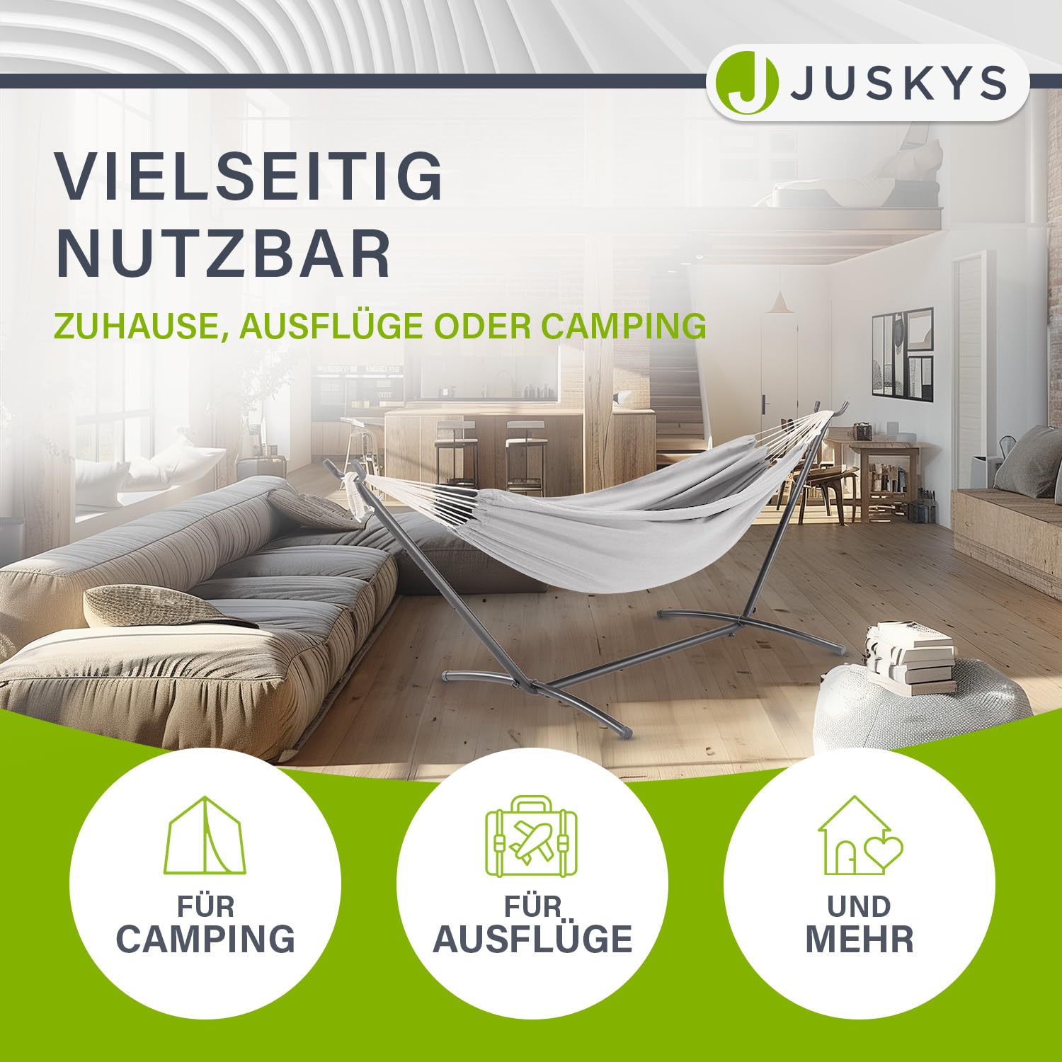Juskys Hängematte Paya mit Gestell - Outdoor Doppelhängematte für 2 Personen - Ständer bis 200kg belastbar - Indoor doppel Hängeliege - Hellgrau