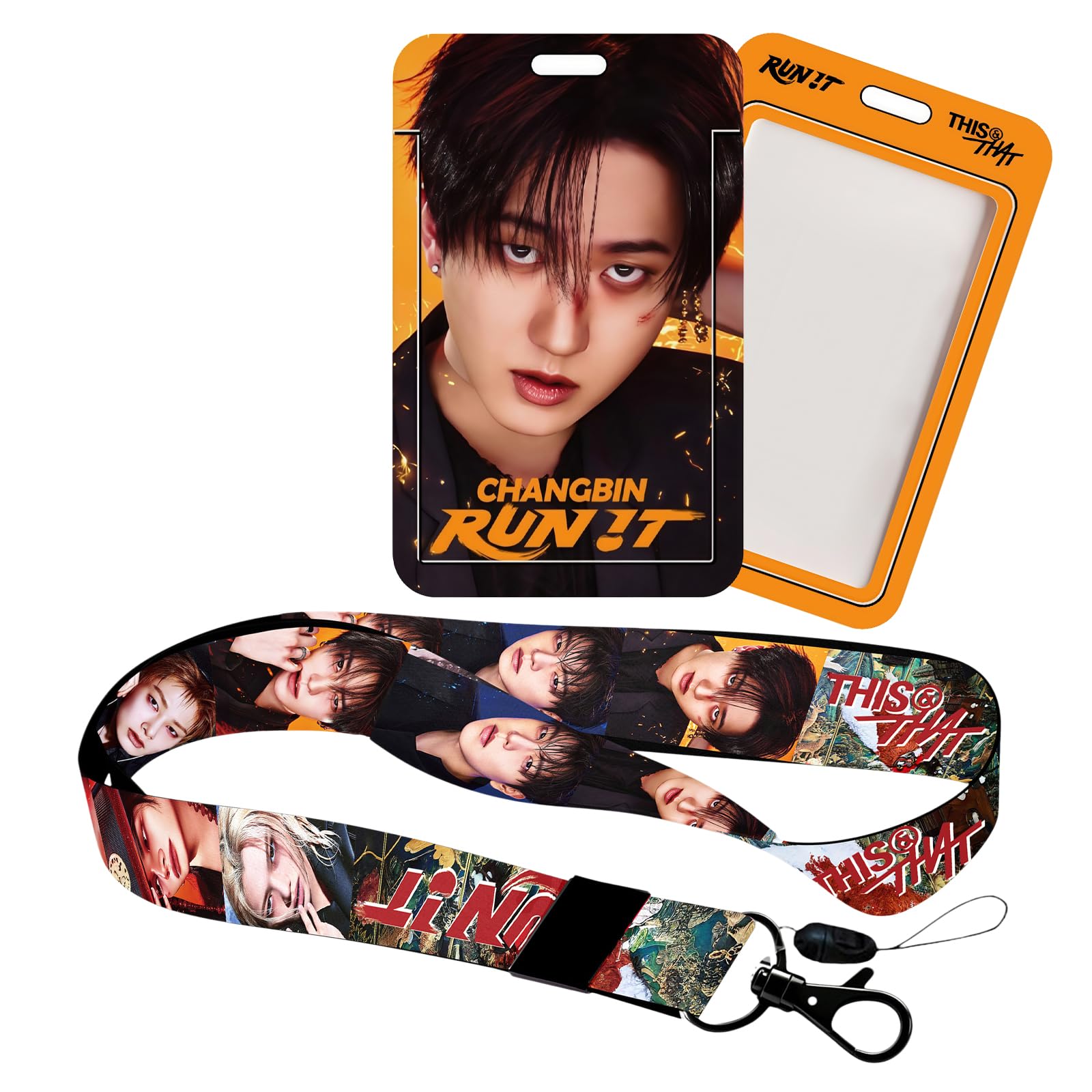 Stray Kids Run IT Photocard Holder Case and Lanyard Set, 1 Pcs Lanyard & 1 Pcs ID Photo Holder Stray Kids Plastic Badge Holder with Strap SKZ Merch Gift (CHANGBIN)