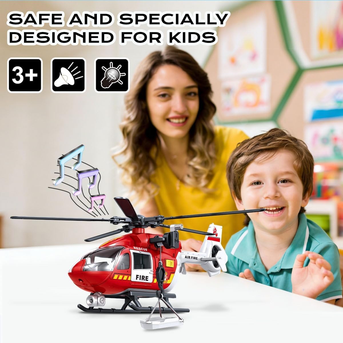 Large Fire Rescue Helicopter Toy (33cm×12cm×9.5cm) - ABS Plastic, Sound & Light, Adjustable Rope, Detachable Rescue Basket, Openable Door for Kids 3+