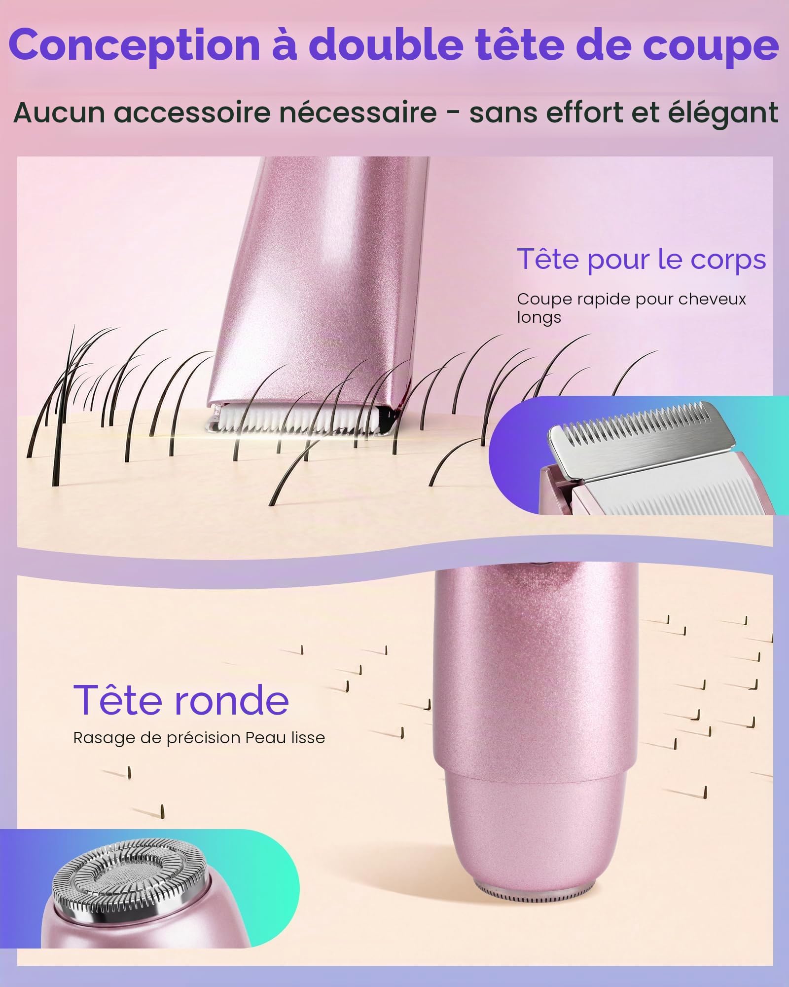 Rasoir pour femme, 2 en 1, double tête, rechargeable par USB, pour le visage, rasoir électrique pour les jambes, les bras et le visage, étanche IPX7 (or rose)