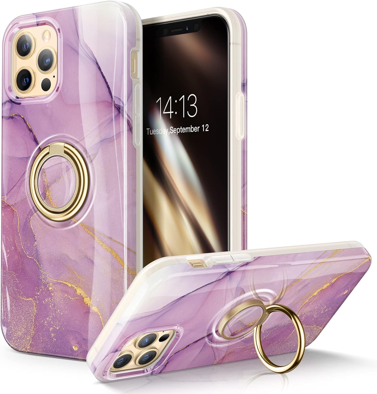 GVIEWIN for iPhone 12 Pro Max Case 6.7 Inch, Built-in 360° Rotate Ring Stand, Stylish Durable Marble Pattern Shockproof Kickstand Phone Holder Protective Case Cover (Romantic Purple)
