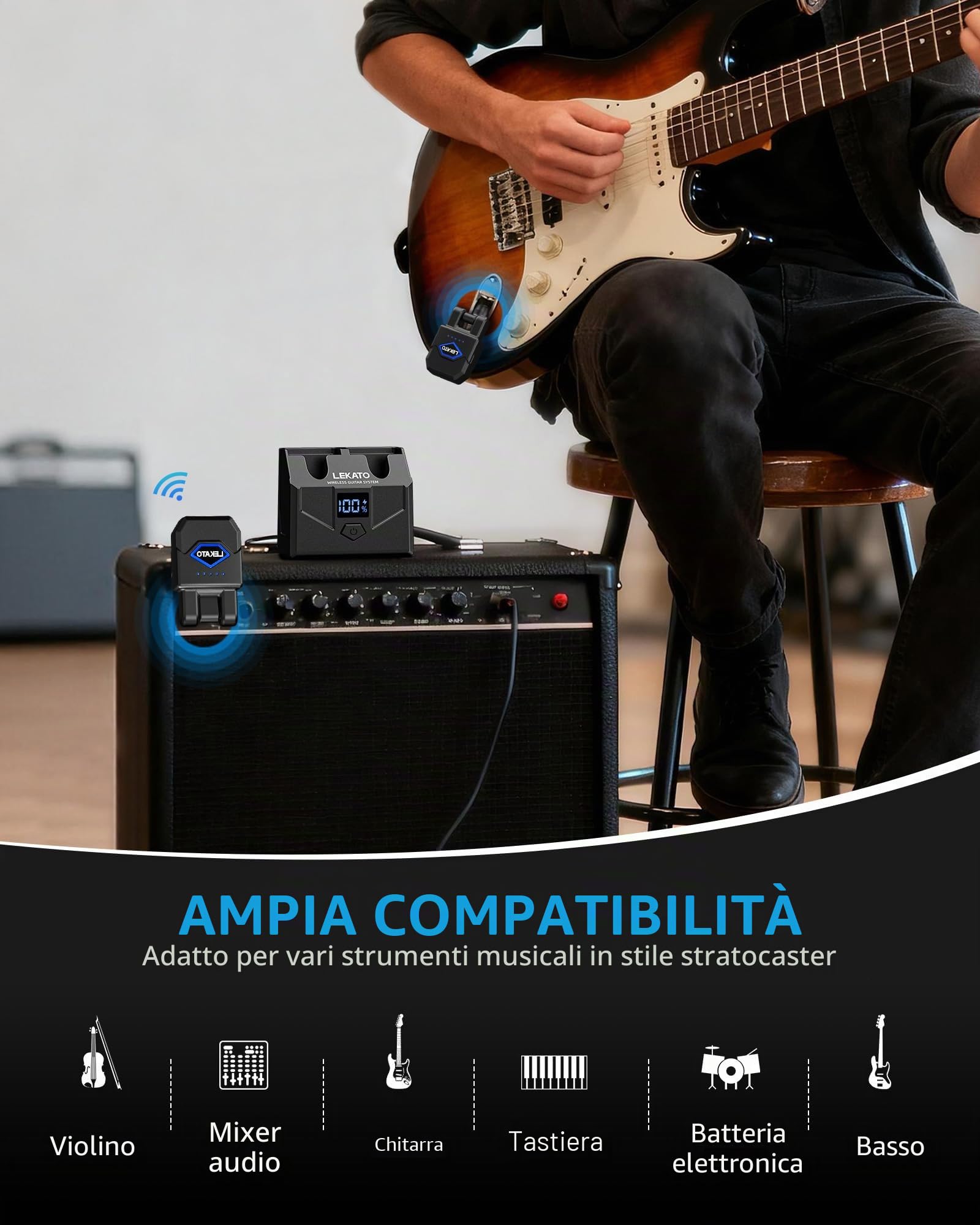 LEKATO Sistema per chitarra wireless con custodia di ricarica, ricevitore trasmettitore per chitarra con 15 ore di autonomia, cavo ricaricabile senza fili per chitarra e basso con 4 canali per