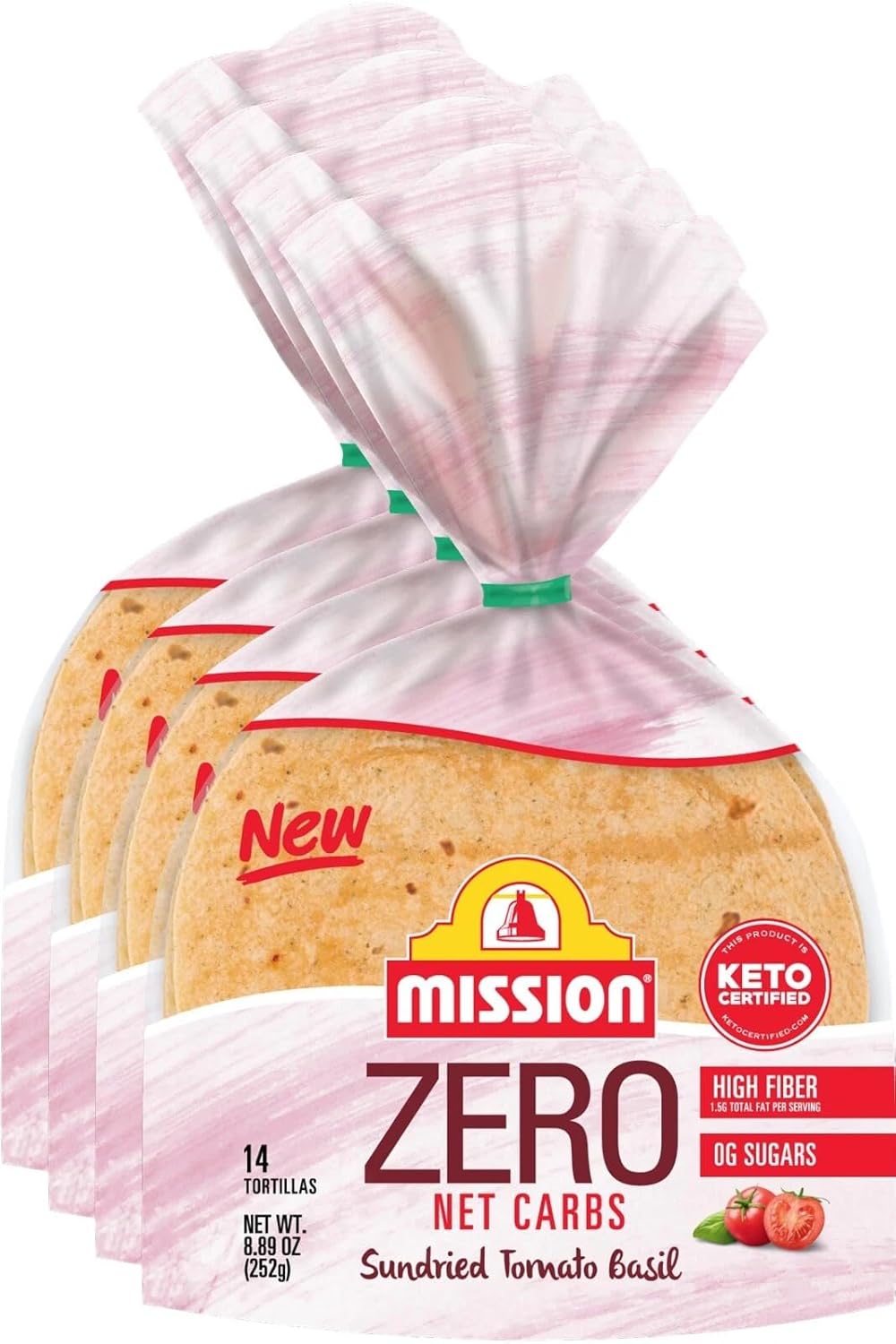 Mission Zero Net Carb Sundried Tomato Basil Tortillas - 0g Net Carbs - Keto Certified - 4.5" Street Taco - 14 Count, 8.89 oz. - Keto Low Carb Tortilla - 4 Pack