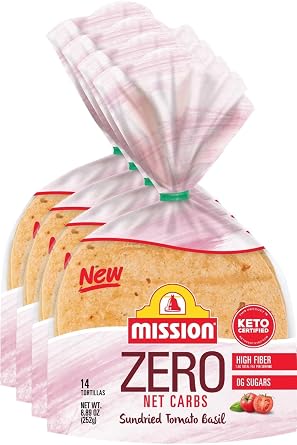 تورتيلا الطماطم المجففة والريحان الخالية من الكربوهيدرات من Mission Zero - 0 جرام من الكربوهيدرات الصافية - معتمدة من Keto - تاكو الشارع مقاس 4.5 بوصة - 14 قطعة، 8.89 أونصة - تورتيلا منخفضة الكربوهيدرات من Keto - عبوة من 4 قطع