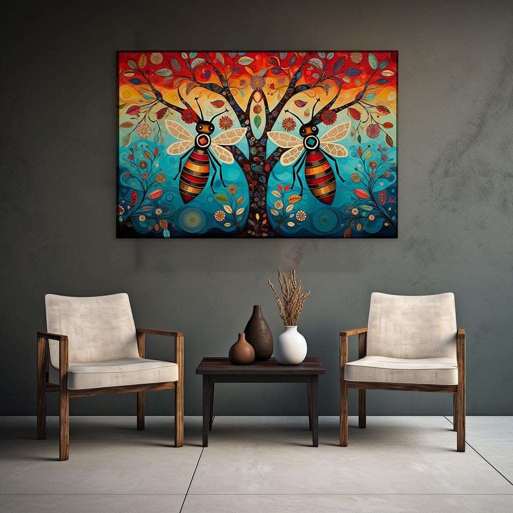 Canvas for Living room. A Symphony of Colors: Enigmatic Tree and Bees in an Abstract Art Wonderland, 27 x 18 inch Canvas Wall Art - Contemporary Masterpieces - Modern Home Decor