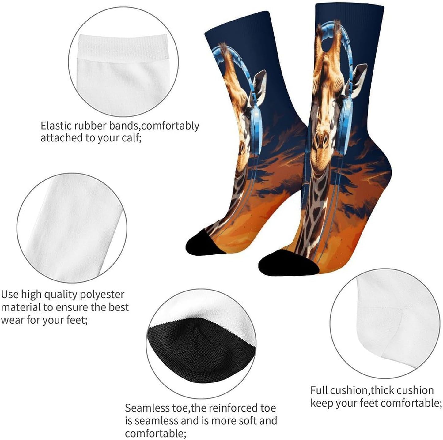 Giraffe Wearing Headphones Crew Sock High Stocking Grippy Socks | Socks for Men & Women,Stockings-Long Thin Tube Sports, Breathable Soft Athletic for Nurses,Travel