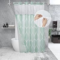 Vista 18 de Juego de cortina de ducha blanca sin gancho con forro de tela a presión, estilo hotel con ventana superior de malla transparente, diseño geométrico