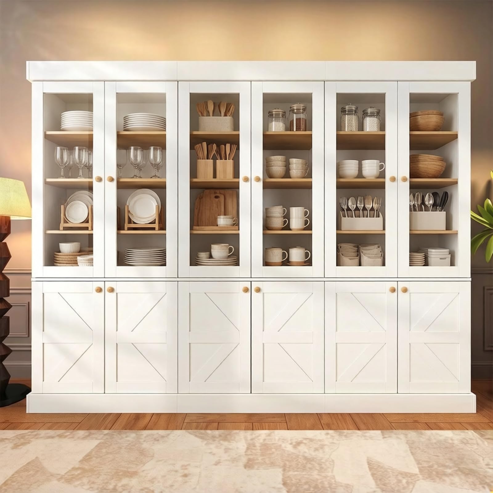 Vyre 71" Tall Farmhouse Kitchen Pantry, Set of 3 Large Storage Cabinets with Glass Doors, Adjustable Shelves, Wood Versatile Hutch Cabinet for Living Room, Dining Room, Kitchen