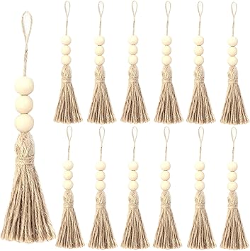 Happyay 12 Pcs Jute Rope Tassel with 3 Wood Beads, Farmhouse Beads with Tassel Ornaments Hanging Decoration for Closet Door Knob Decor