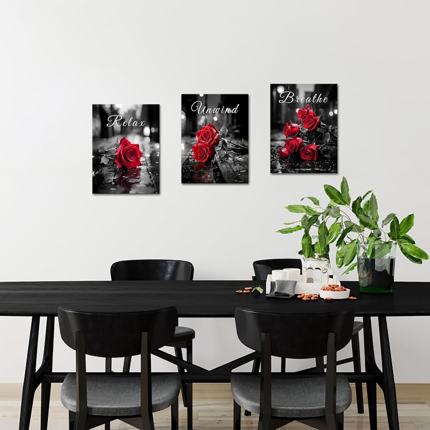 Saypeacher Red Rose Wall Art Relax Breathe Unwind Home Decor Black And Red Pictures Prints for Bathroom Bedroom 12x16inchesx3pcs