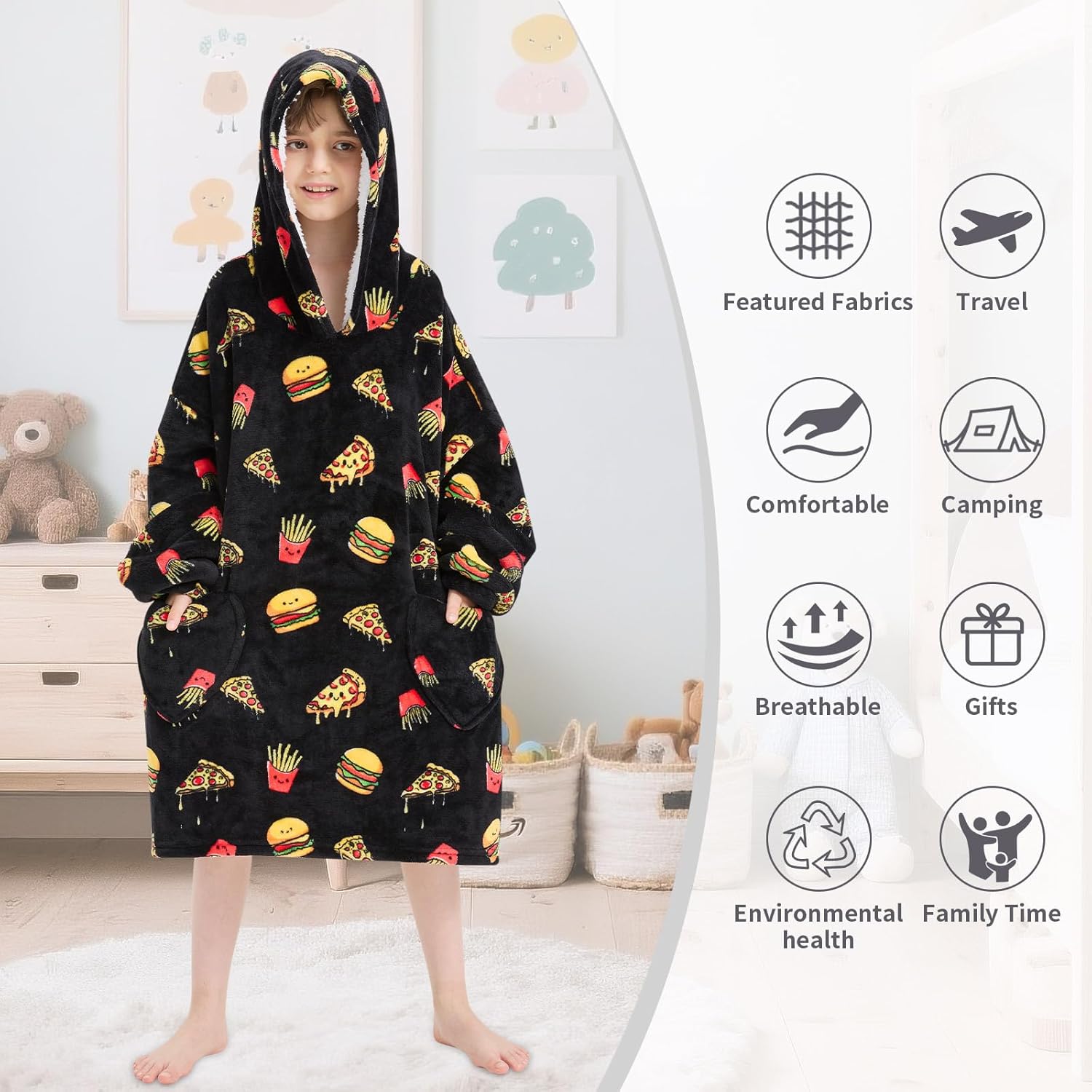 Fiosnow Pizza and Chips Blanket Hoodies for Kids 6-13YR Oversize Wearable Blanket Hoodies for Boys Girls Teens - Image 3