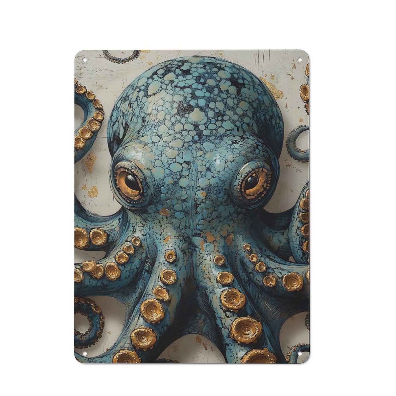 Junmoney Blue Octopus With Gold Accents Bistro Style Tin Wall Sign 40X30cm, Shop Wall Decor For Takeaway, Bar, Kitchen Or Counter Area