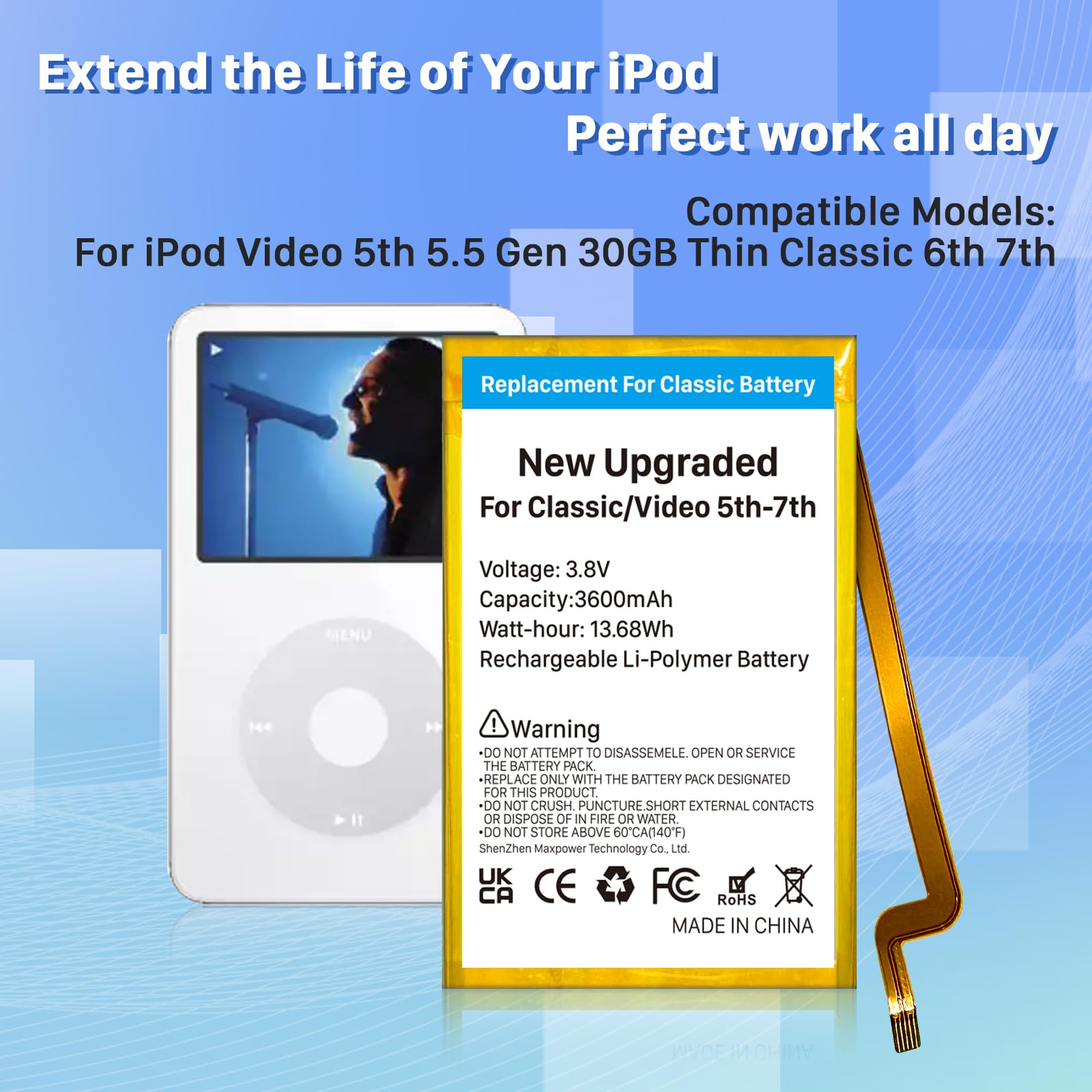 KOOAQQ Replacement Battery for iPod Classic/Video Thin, 3600mAh High Capacity Battery Compatible with iPod Classic/Video Thin 5th-7th