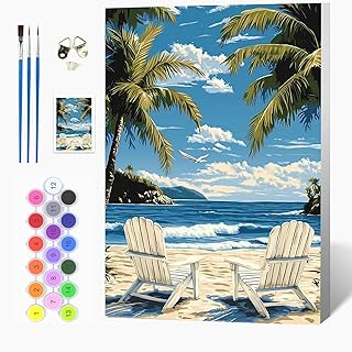Auremi Beach Chair Paint by Number Kits with Framed,DIY Landscape Paint by Number Canvas for Adults, Easy Acrylic in Canvas with Brushes for Decor 20x30cm