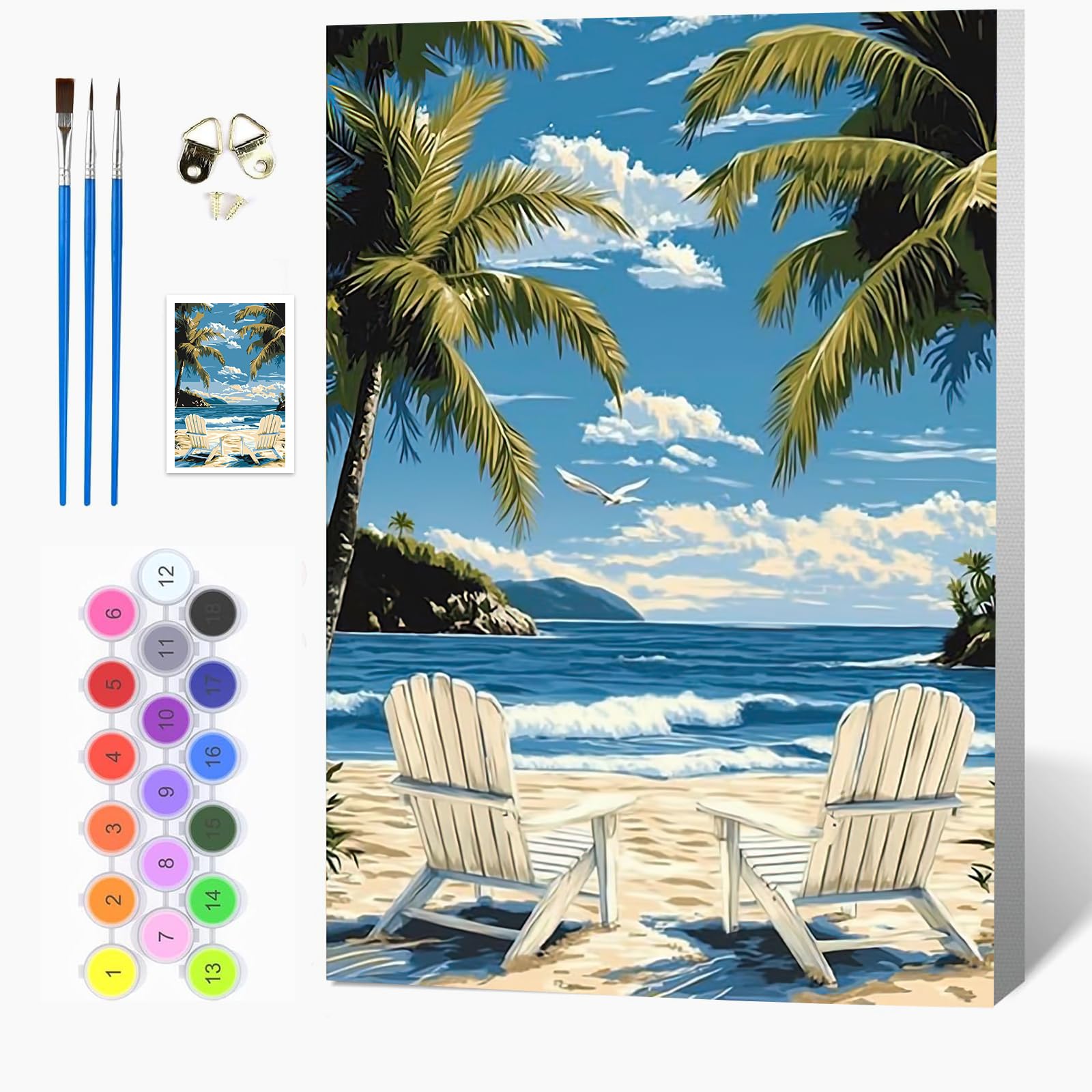 Auremi Beach Chair Paint by Numbers Kits for Adults Kids,Landscape Painting Kits for Beginners On Clear Symbols Canvas with Wooden Framed, Easy Landscape DIY Acrylic Pigment Drawing Paintwork 20x30cm