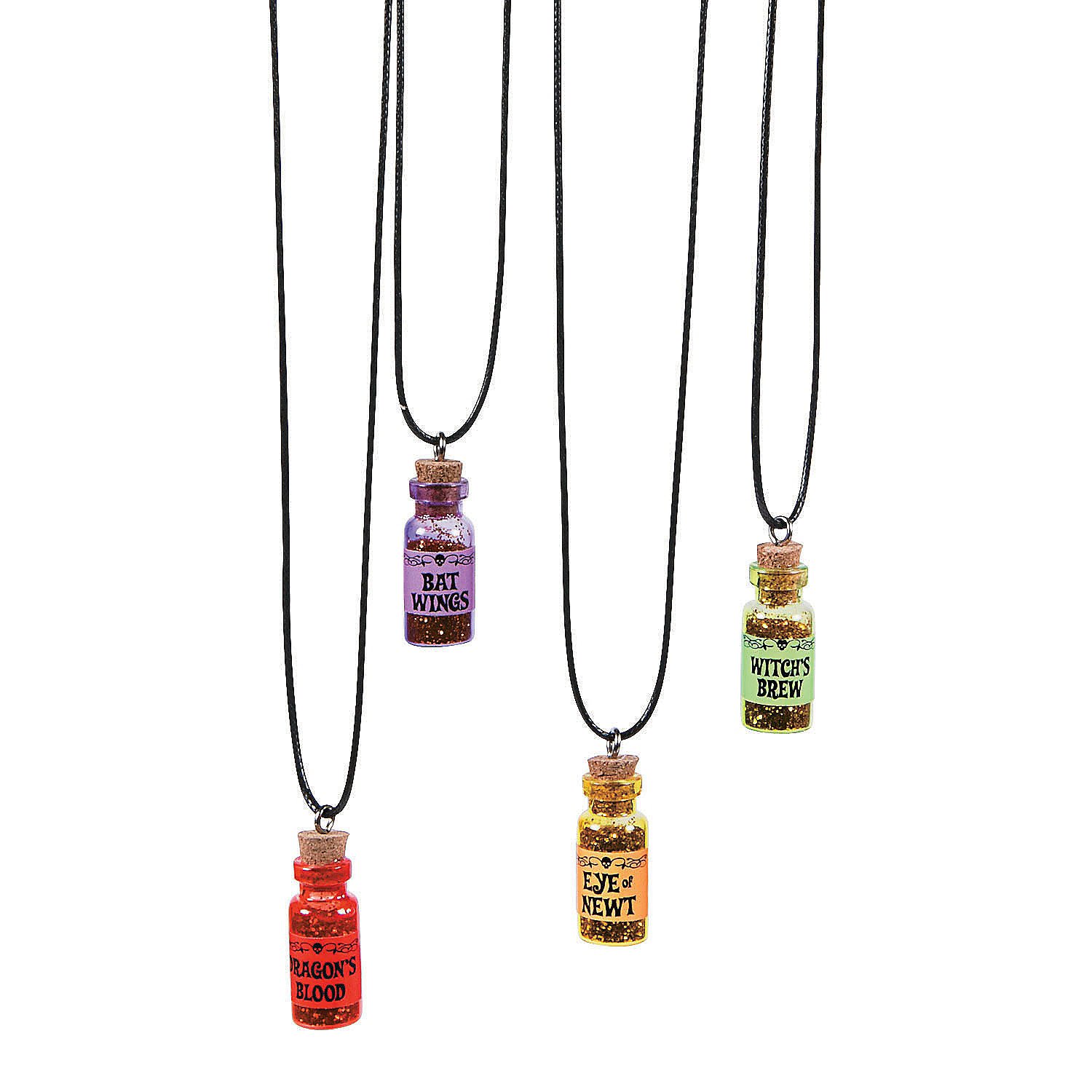 Fun Express Halloween Witch Potion Necklaces (set of 12) Dragon Blood, Bats wings, Witches Brew and more