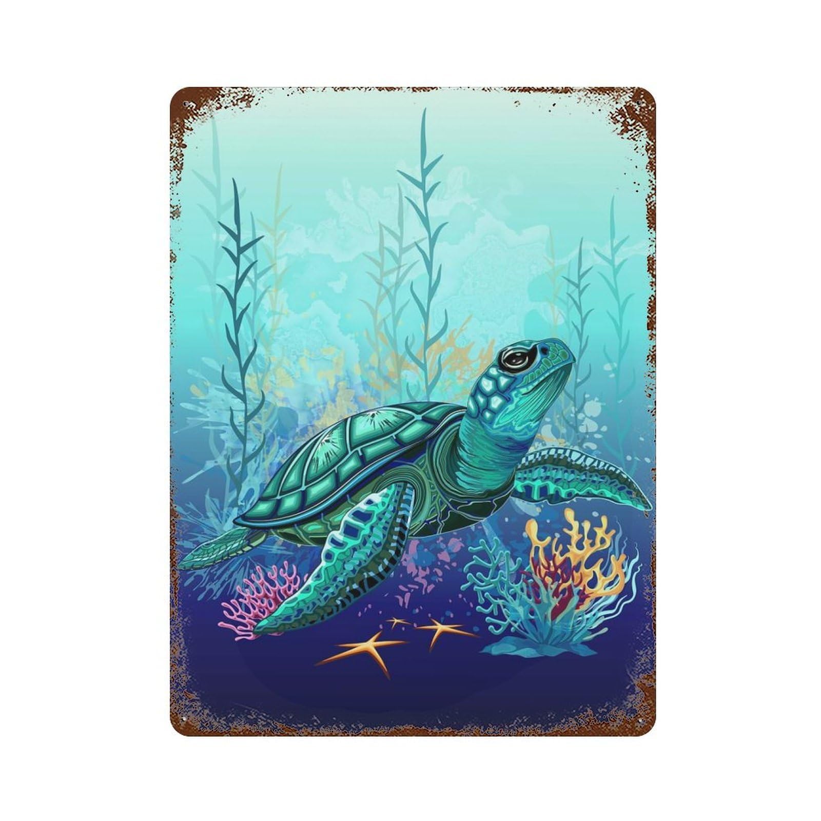 Sea Turtle Watercolor Vintage Wall Sign 15.7"x11.8", Rust Effect Metal Decor for Living Room, Hallway And Home Decor