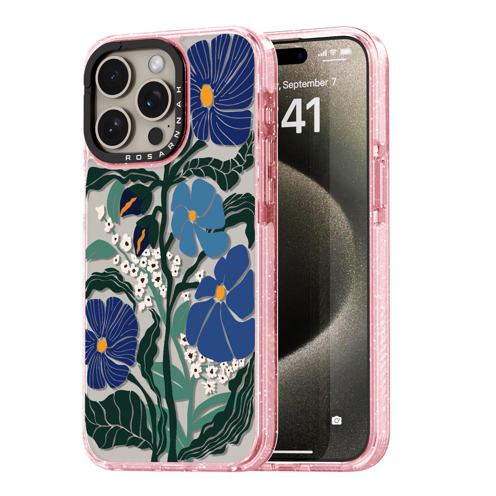 Coque compatible iPhone 15 Pro antichoc motif passiflora rose pailleté - 8