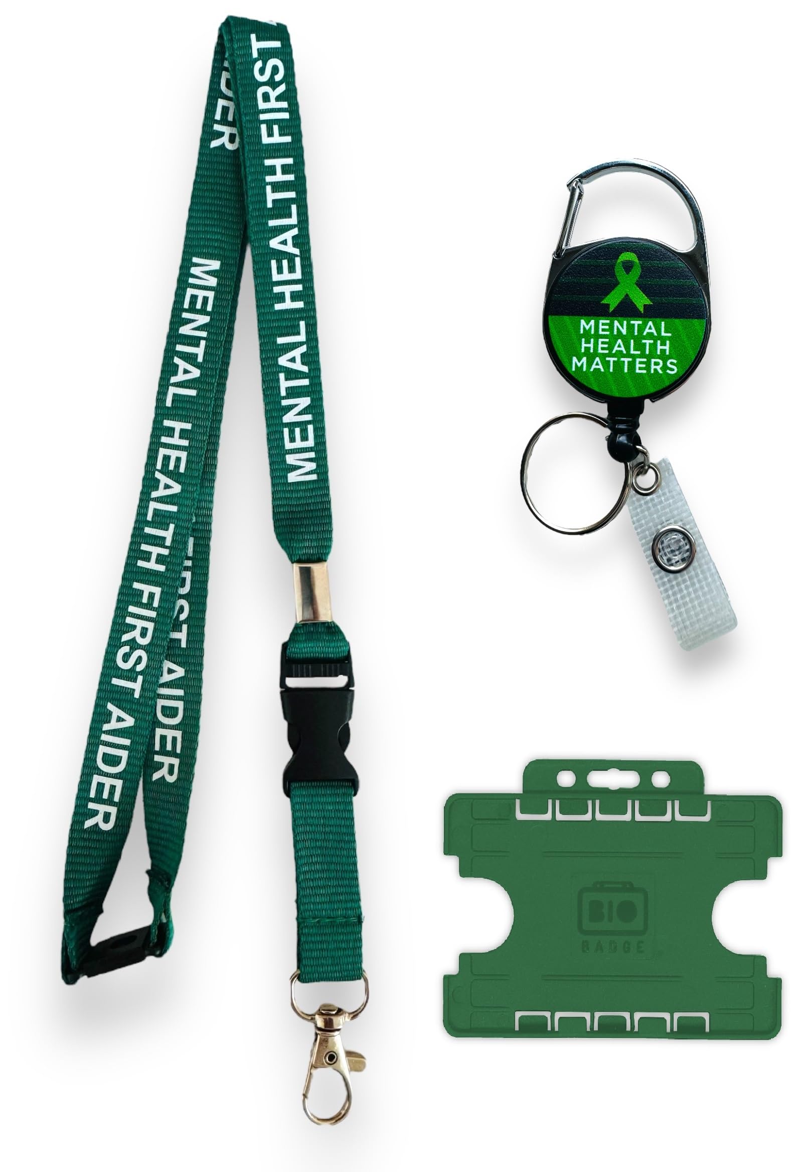 Mental Health First Aider Lanyard, Retractable Badge Reel and Horizontal Badge Holder, Green