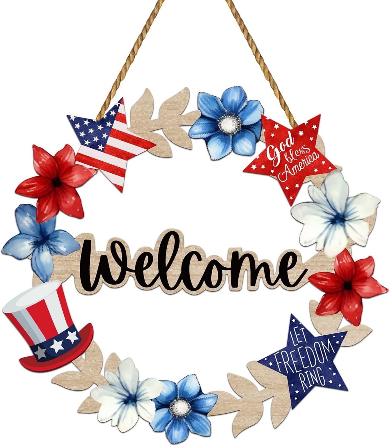 4th of July Decorations, Patriotic Wreath Wooden Welcome Wreath Sign, Red White Blue Star Floral Hanging Rustic Independence Day Memorial Day Wall Door Hanging Decor for Front Door & Indoor Home Decor
