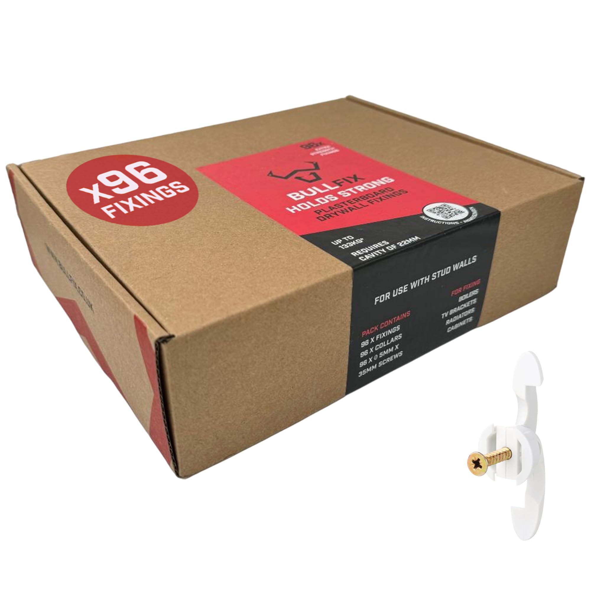 Bullfix Extra 96 Stück – robuste Gipskarton-Befestigungen für Bolzenwände, Hohl- und Hohlraum-Wandbefestigung, überlegene Trockenbauanker, unterstützt bis zu 133 kg, DIY & Handel