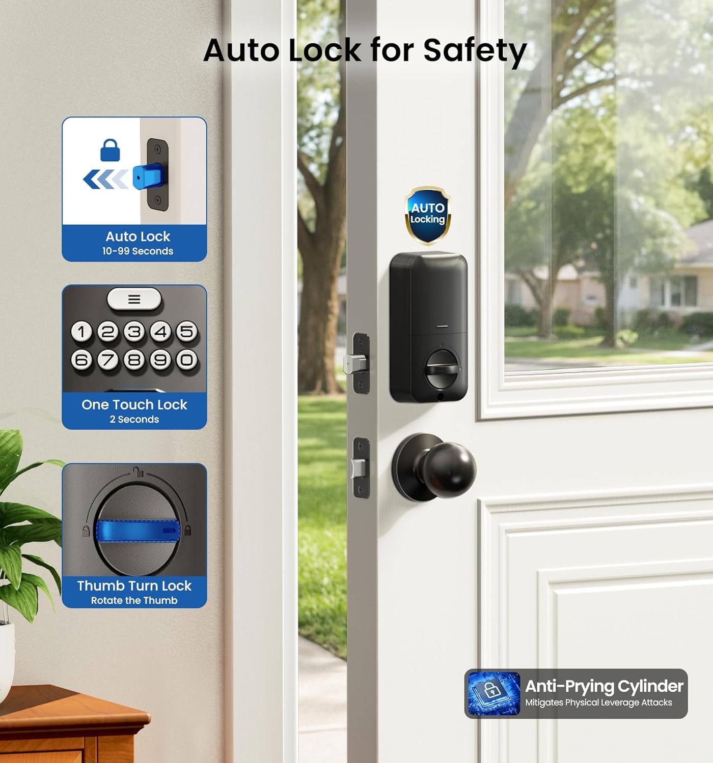Image showing the auto-lock feature of the Veise KS02C lock, with options for auto-lock delay, one-touch lock, and thumb turn lock.