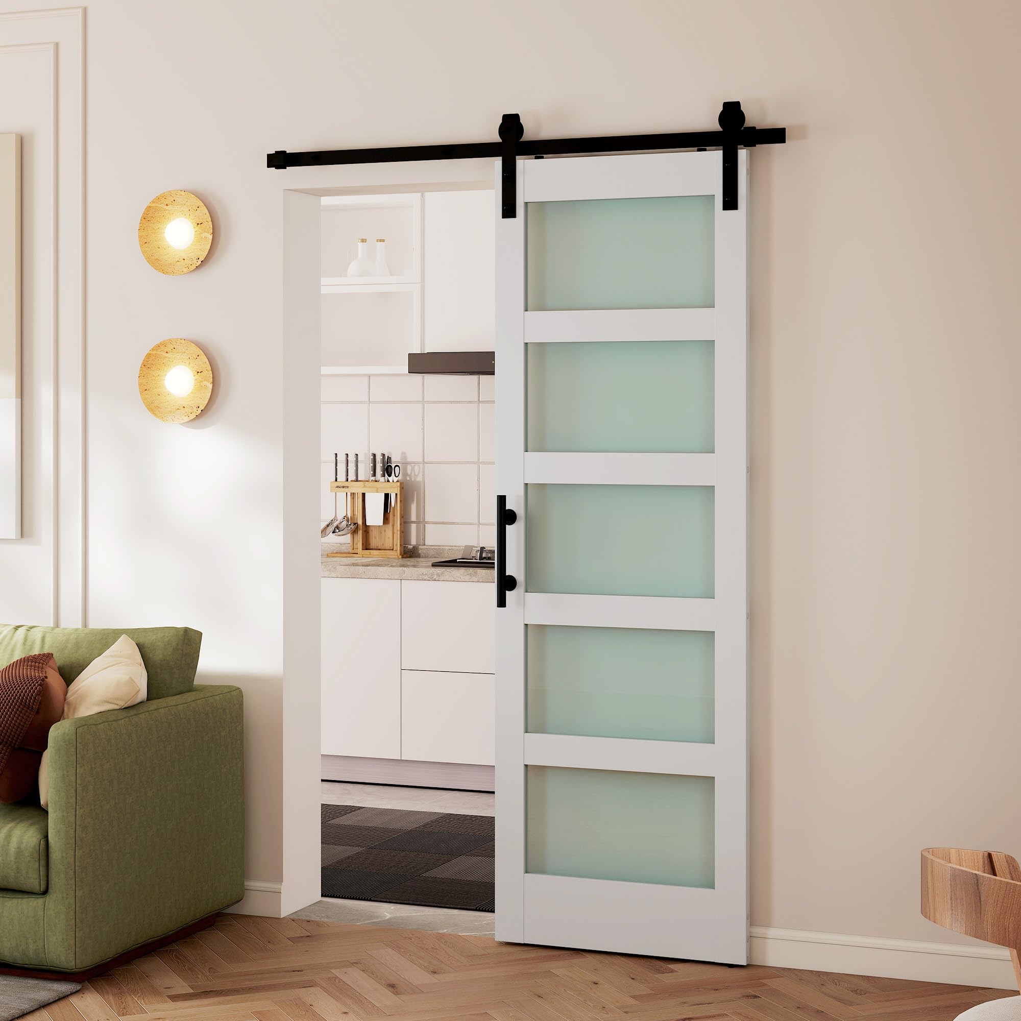HOMCOM Puerta Corredera con Herrajes 71x213 cm Interior para Baño Blanco | MDF y Vidrio Esmerilado, Rodillo, Riel, Guía de Suelo, para Salón, Sala de Estar