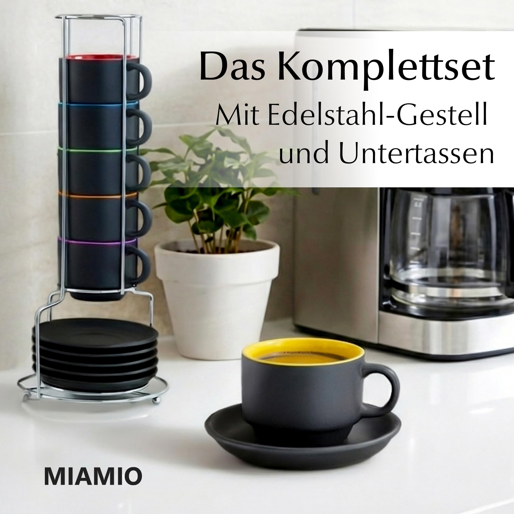 MIAMIO - 6 x 75 ml Espressotassen Set/Espresso Tassen Set mit Untertasse & Ständer - Kaffeetassen Set 6er Kaffeebecher Keramik - Le Papillon Kollektion (Bunt)