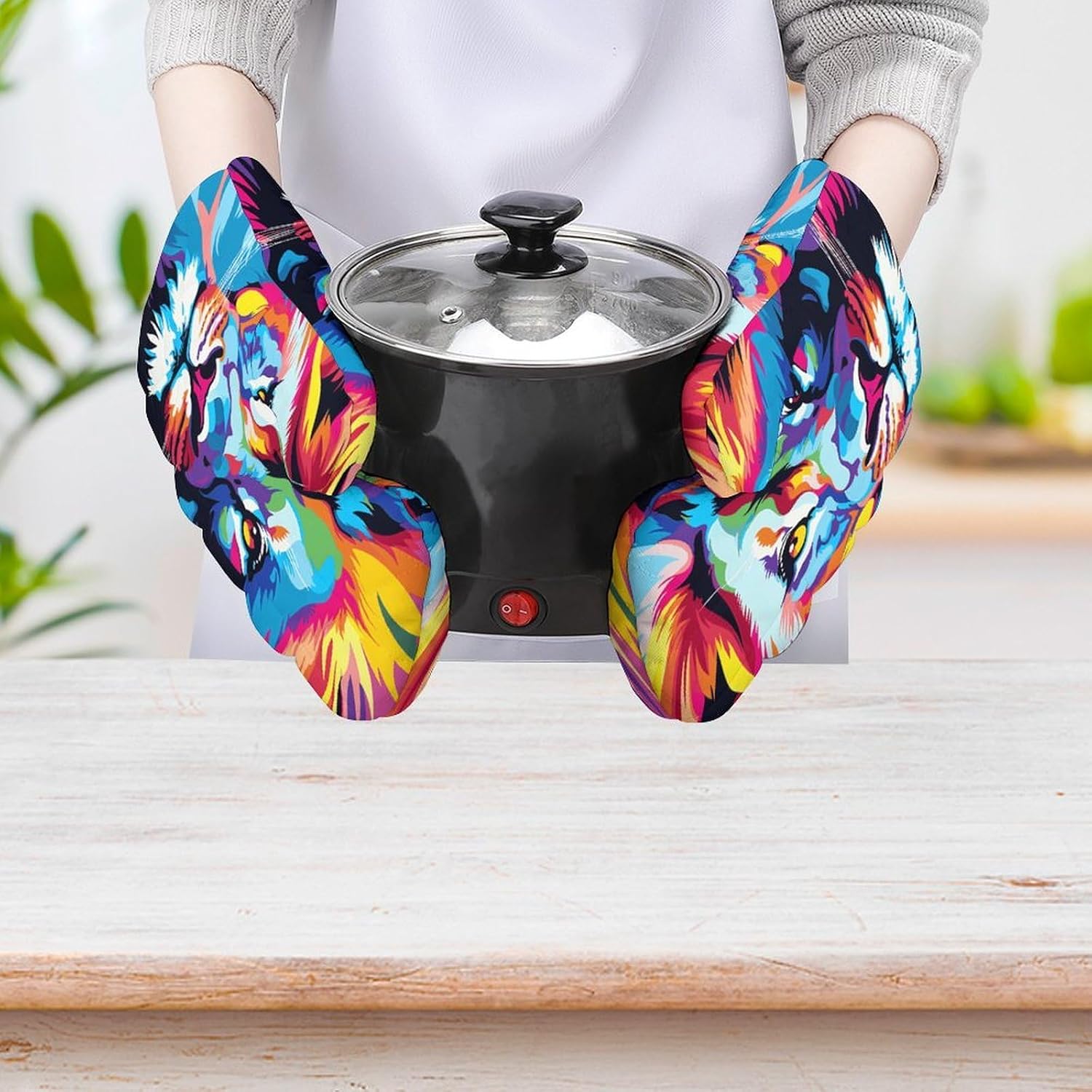 2 Pcs Oven Mitts Heat Resistant Kitchen Gloves Soft Safety Colorful Lion Oven Glove for Microwave, Barbecue
