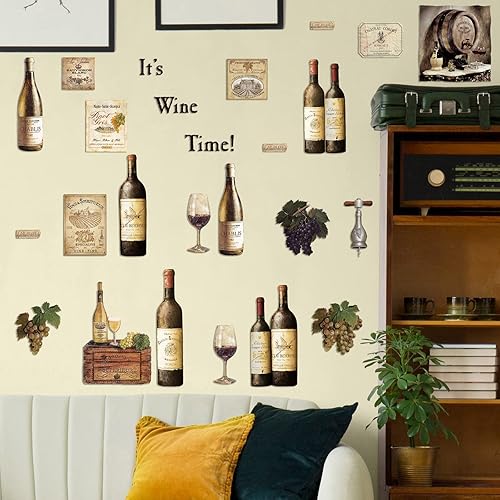 8 hojas de calcomanías de pared para botella de vino, calcomanías de pared de frutas de uva, decoración de cocina de vino, calcomanías de cata de