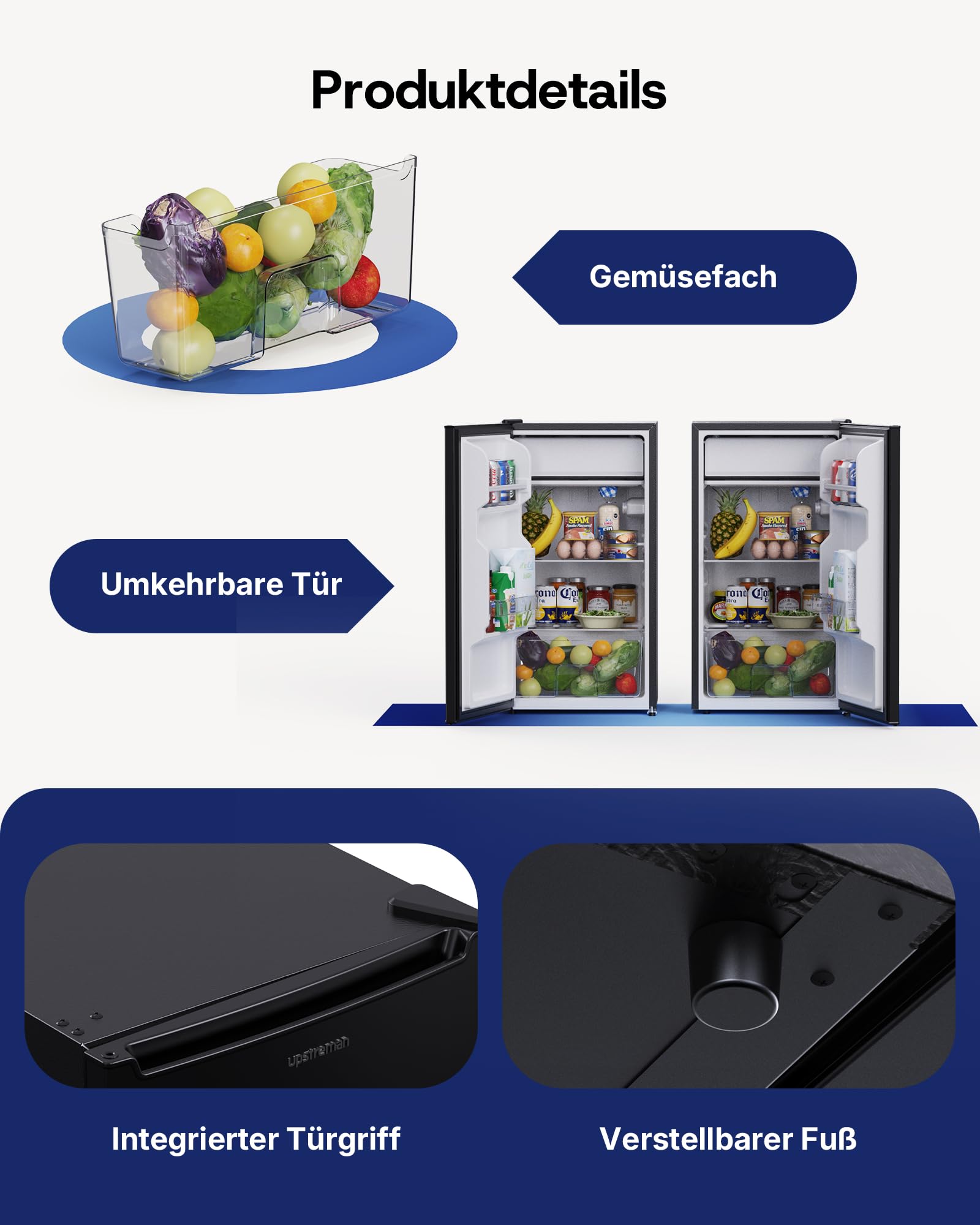 Upstreman CR85 Kühlschrank 85L Ohne Gefrierfach 0-12°C 5-stufige Temperaturregelung LED-Beleuchtung 39 dB Leise Energiesparend