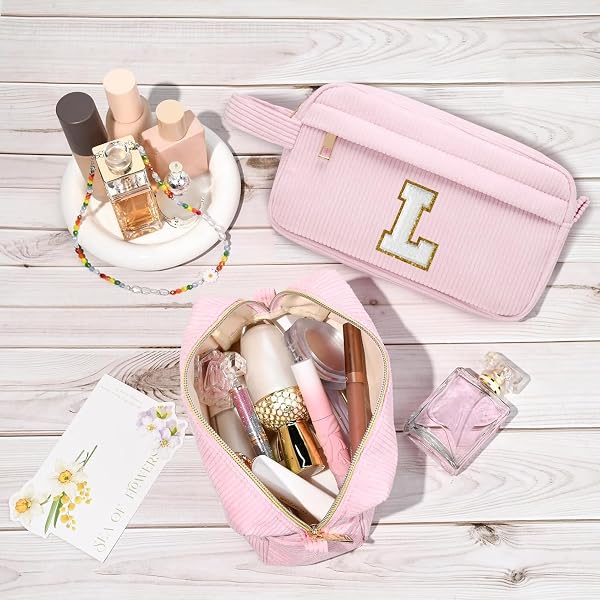 Neceser Maquillaje Mujer Personalizado Inicial, Bolsa de Cosméticos de Viaje, Gran Capacidad Neceser de Maquillaje de Pana, Regalo Cumpleaños Navidad para Mujeres Novias Mejores Amigas, Rosa P - 4