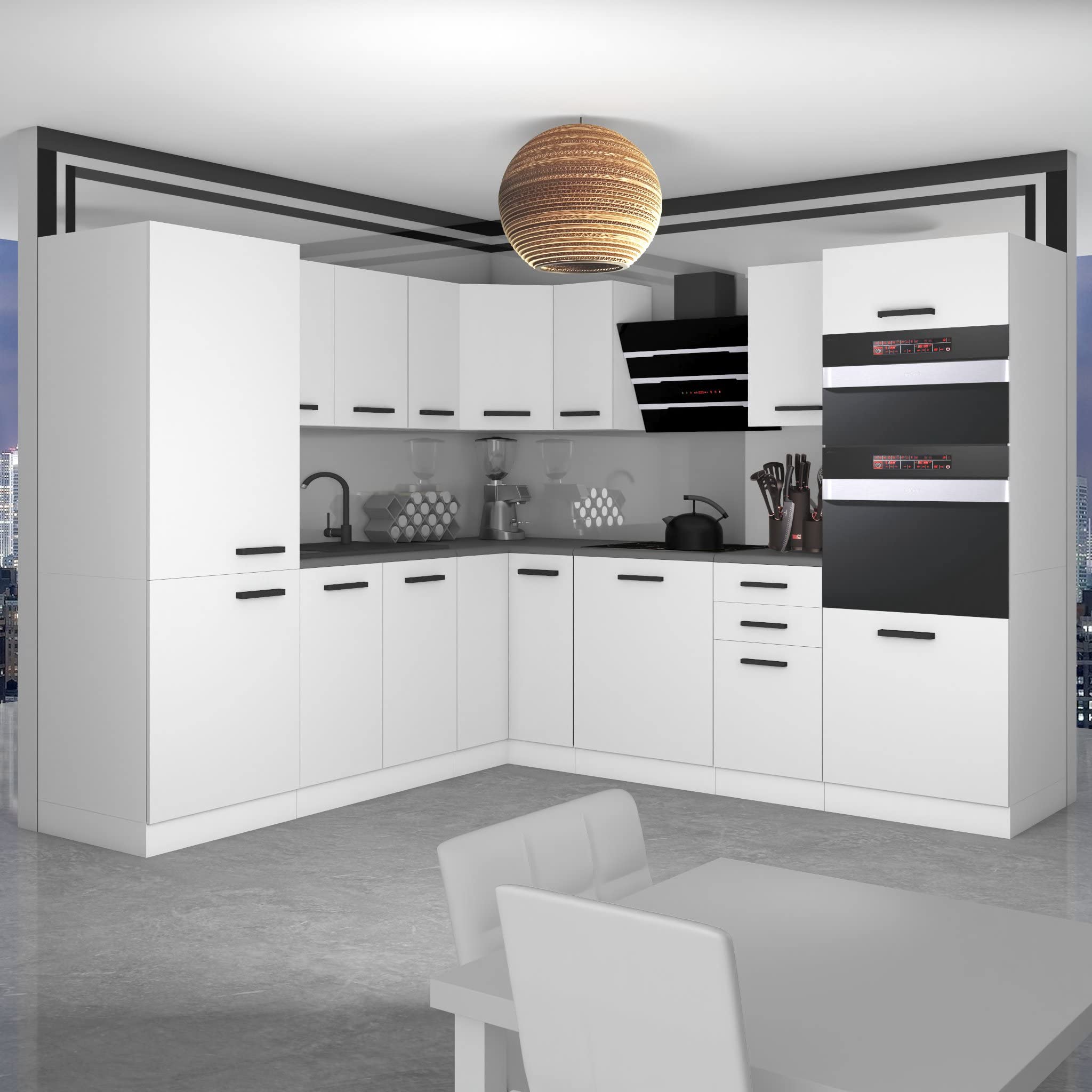 Belini Angolo Cottura Blocco Cucina a Forma di L - Mobili da Cucina Stacy Con Manici, Senza Elettrodomestici Con Pensili e Mobiletti, Con Controsoffitti, Bianco Opaco