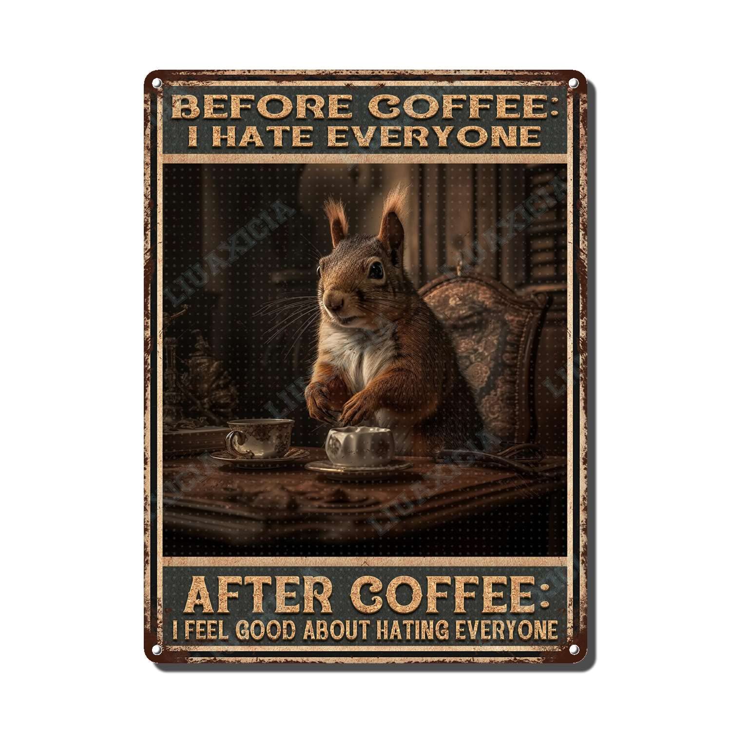 peiyeety Metal Tin Sign Before And After Coffee Squirrel Vintage Decorative Wall Art,Retro Funny Coffee Lover Rustic Plaque for Home Kitchen Living Room Office,8x12 Inch