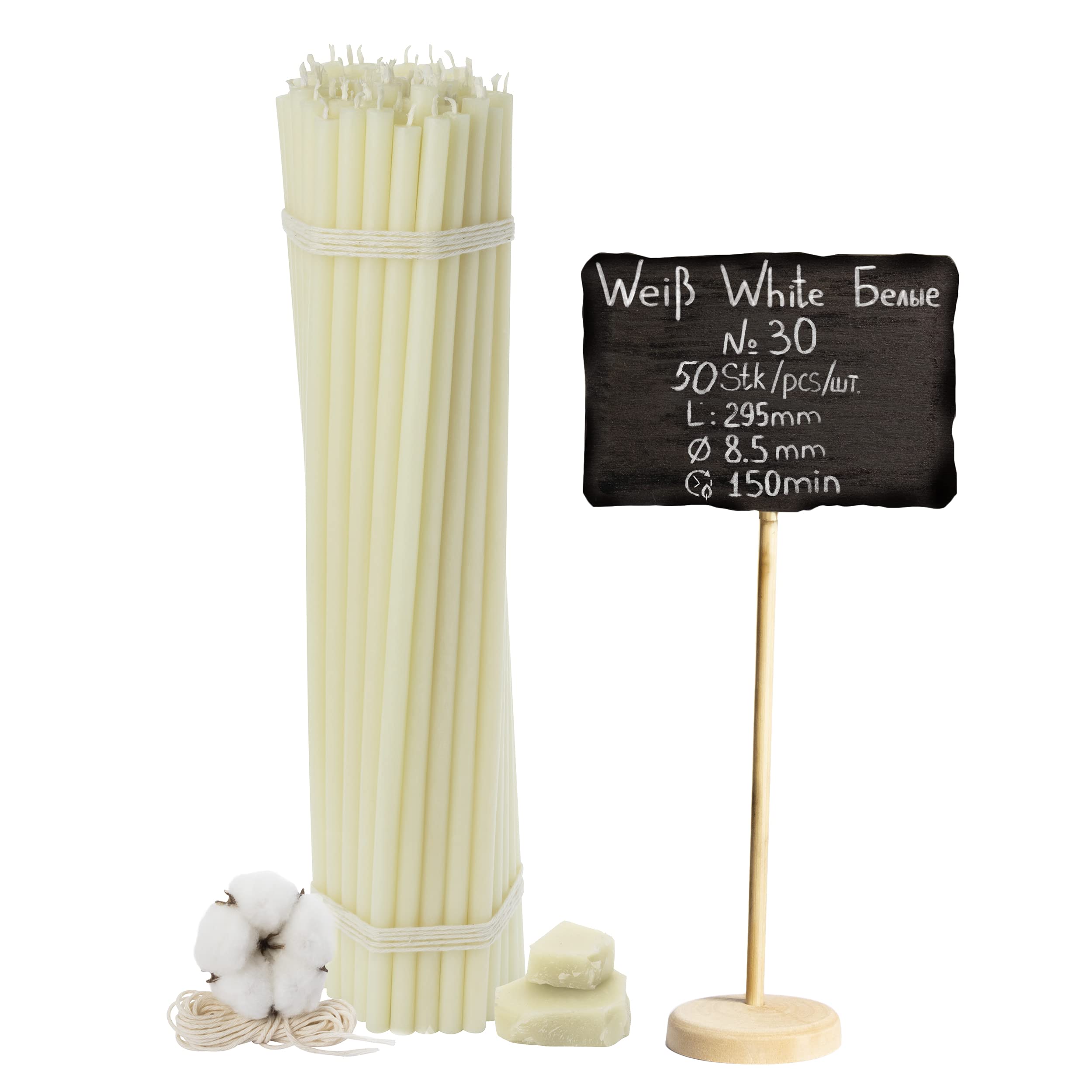 Candele di cera d'api bianche №30, 50 pezzi, L: 29,5 cm