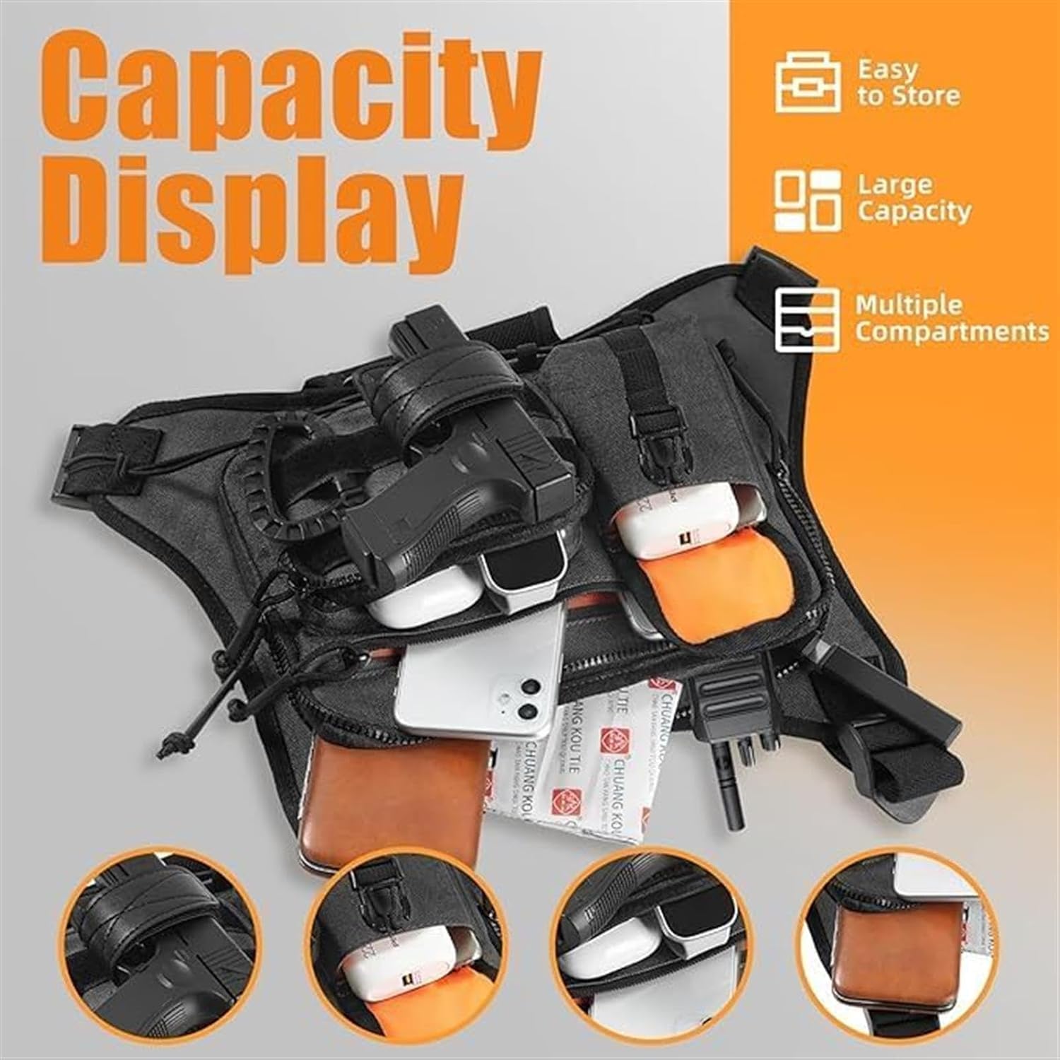 HoldOneLight Chaleco Reflectante Deportivo Hombre con Bolsillo Táctico Frontal, Arnés Portátil de Pecho para Actividades al Aire Libre, Ideal para Caza, Running y Ciclismo con Compartimento EDC