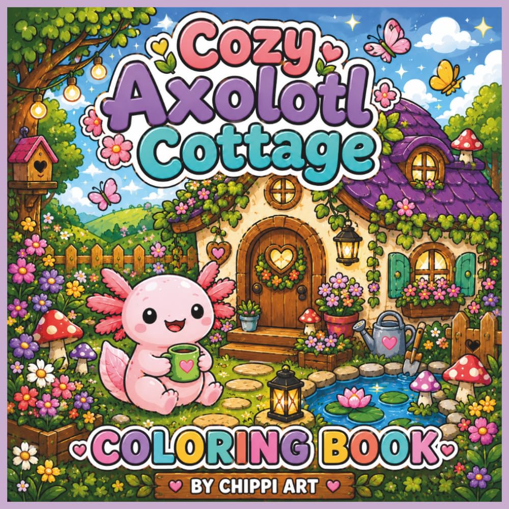 Cozy Axolotl Cottage Coloring Book: Adorable Kawaii Axolotls in Cute Homes, Gardens, Cafes, and Relaxing Cozy Scenes